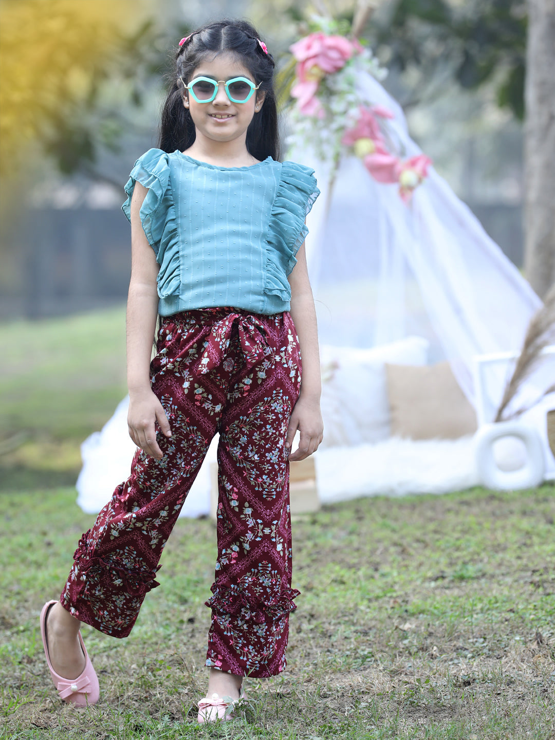 Cutiekins Round Neck Printed Regular Top & Trousers Set -Teal Blue & Maroon