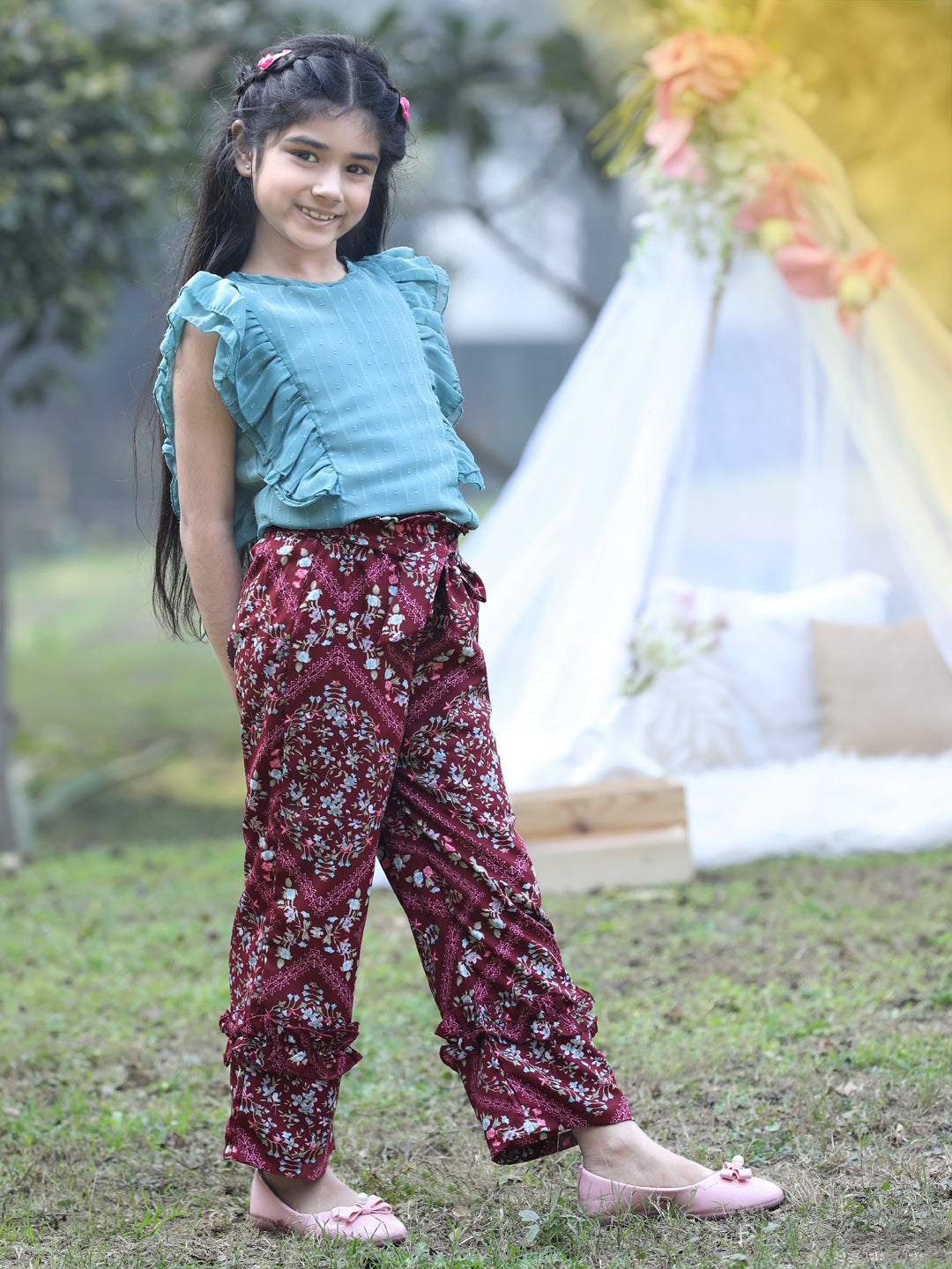 Cutiekins Round Neck Printed Regular Top & Trousers Set -Teal Blue & Maroon