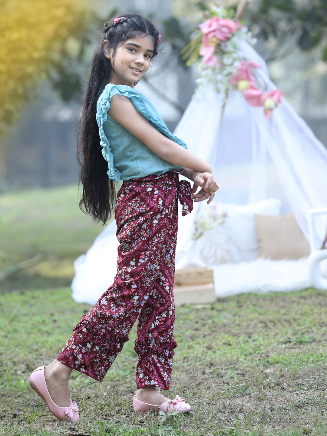 Cutiekins Round Neck Printed Regular Top & Trousers Set -Teal Blue & Maroon