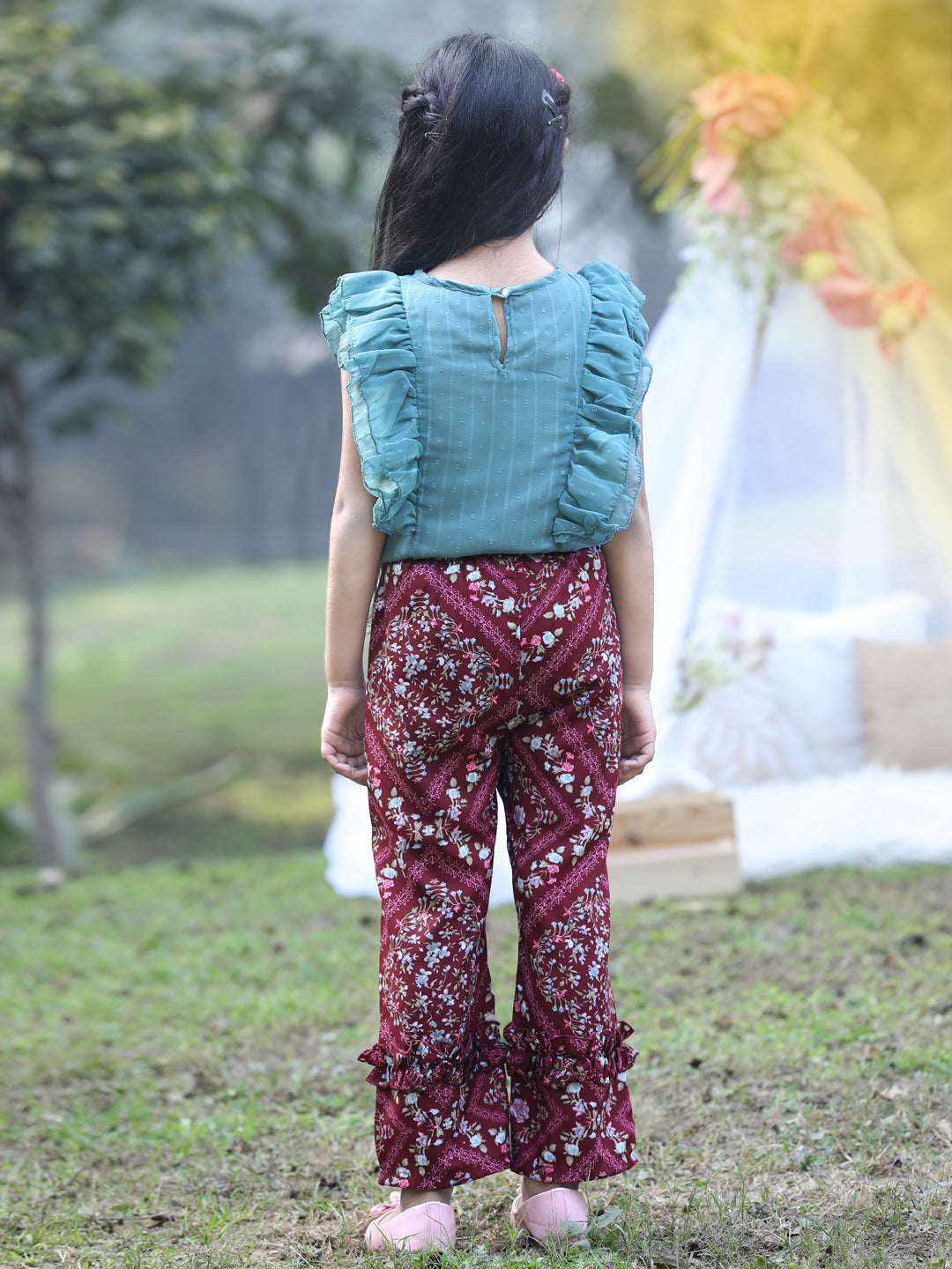Cutiekins Round Neck Printed Regular Top & Trousers Set -Teal Blue & Maroon