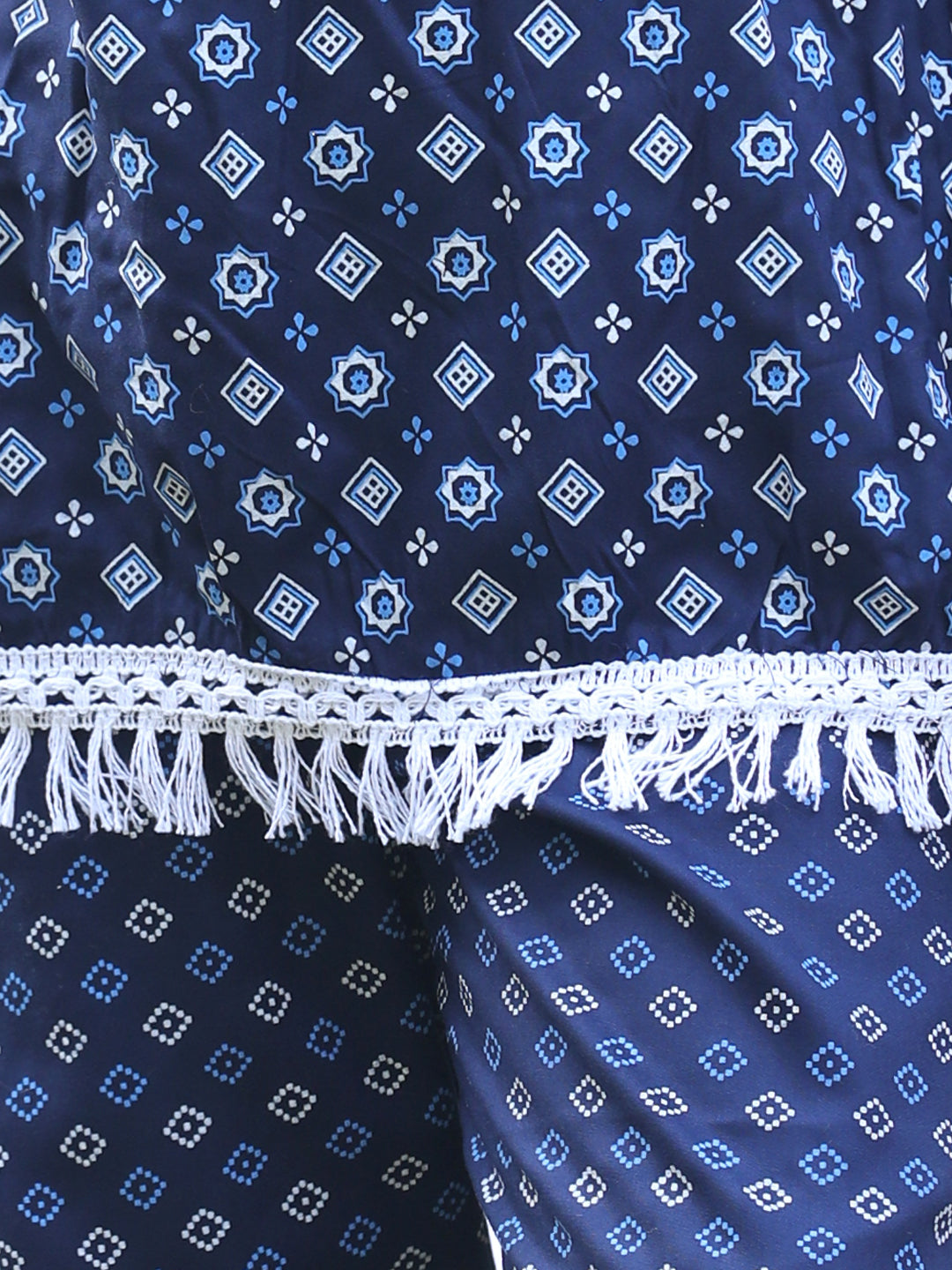 Cutiekins Round Neck Printed Rayon Kurta & Palazzo Set -Neavy Blue & White