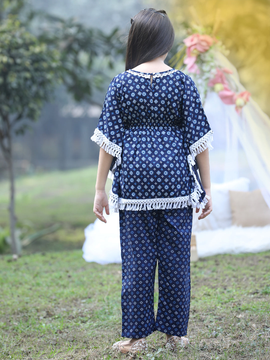 Cutiekins Round Neck Printed Rayon Kurta & Palazzo Set -Neavy Blue & White