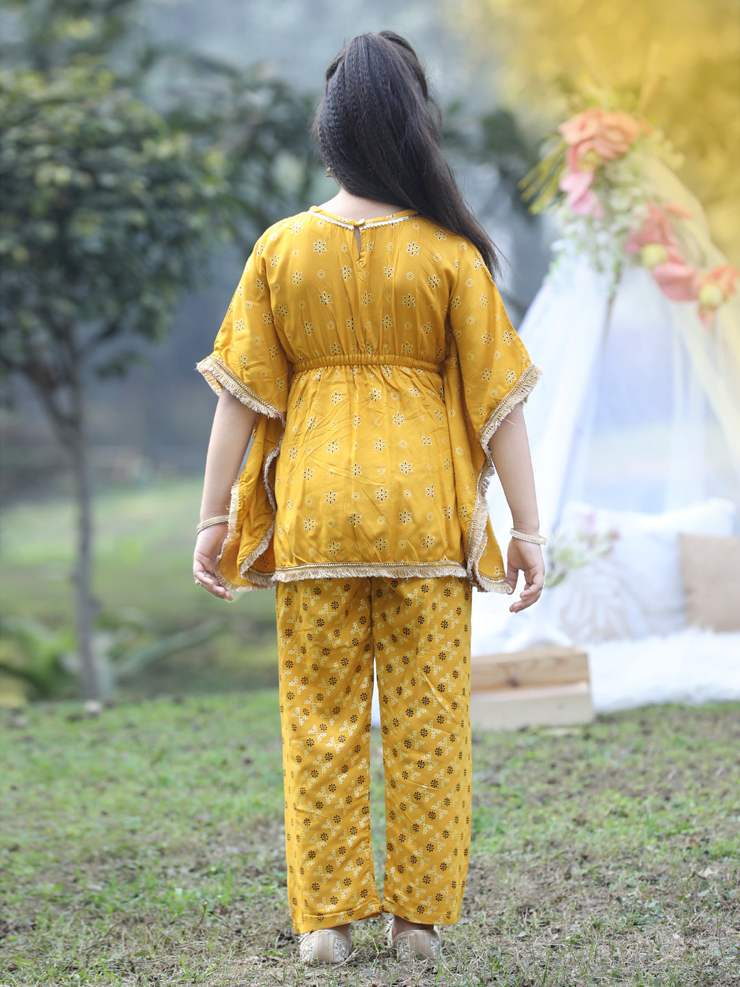 Cutiekins Round Neck Printed Rayon Kurta & Palazzo Set -Mustard & Brown