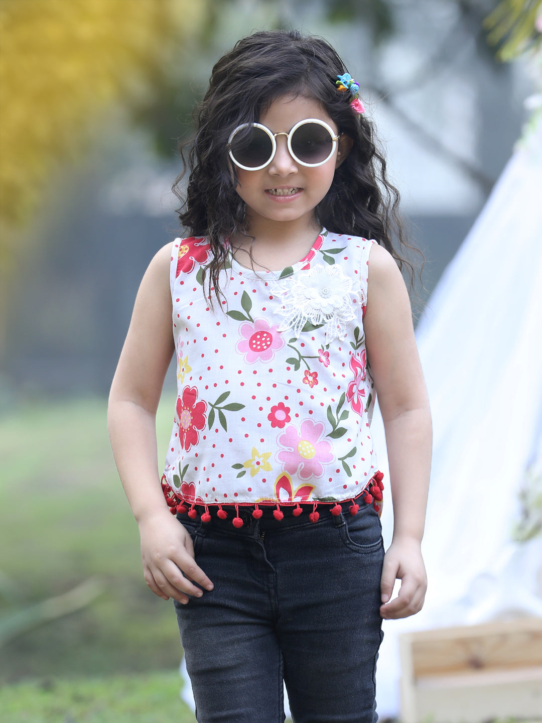 Cutiekins Round Neck Foral Printed Crop Top- White & Red