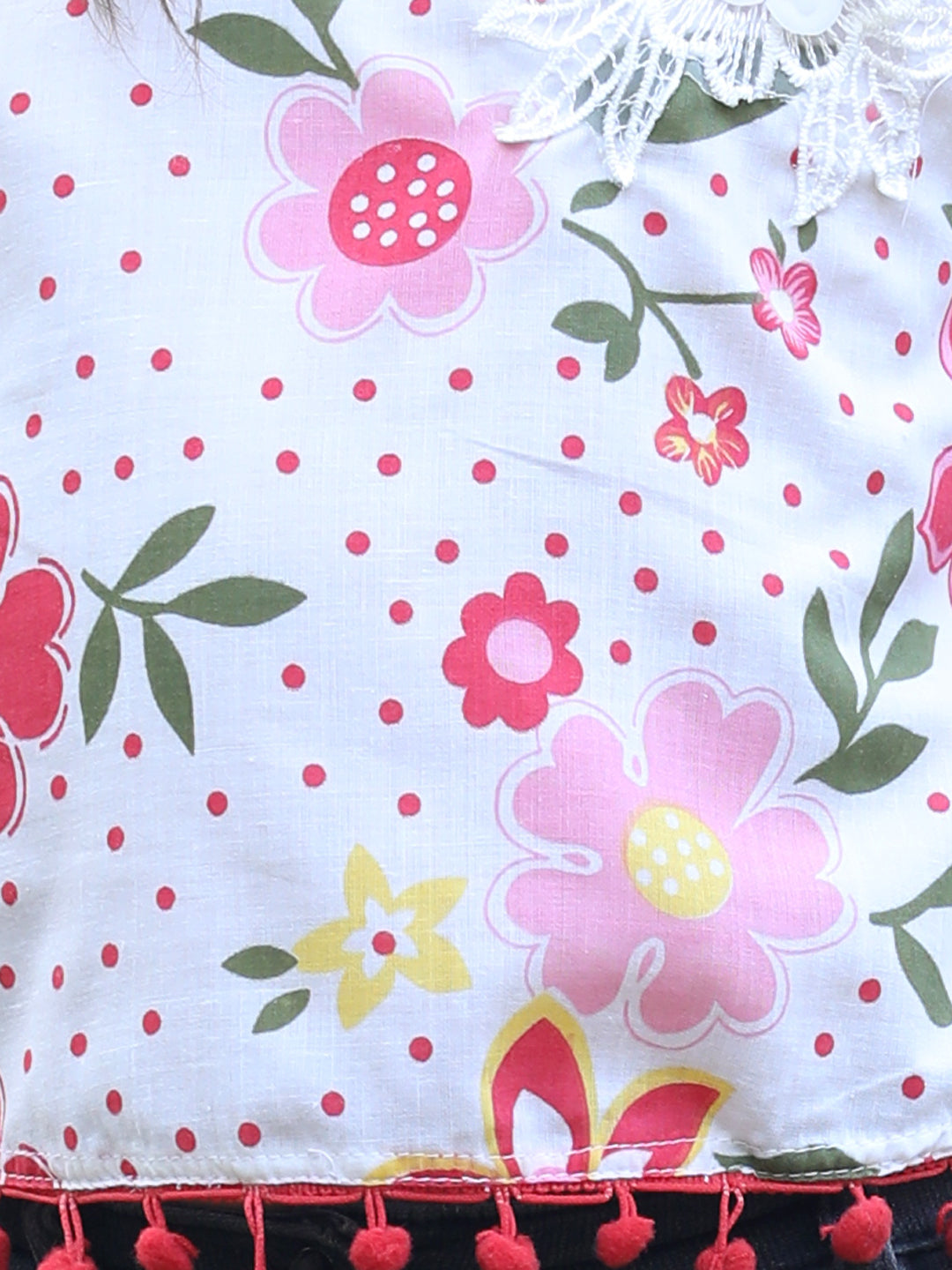 Cutiekins Round Neck Foral Printed Crop Top- White & Red