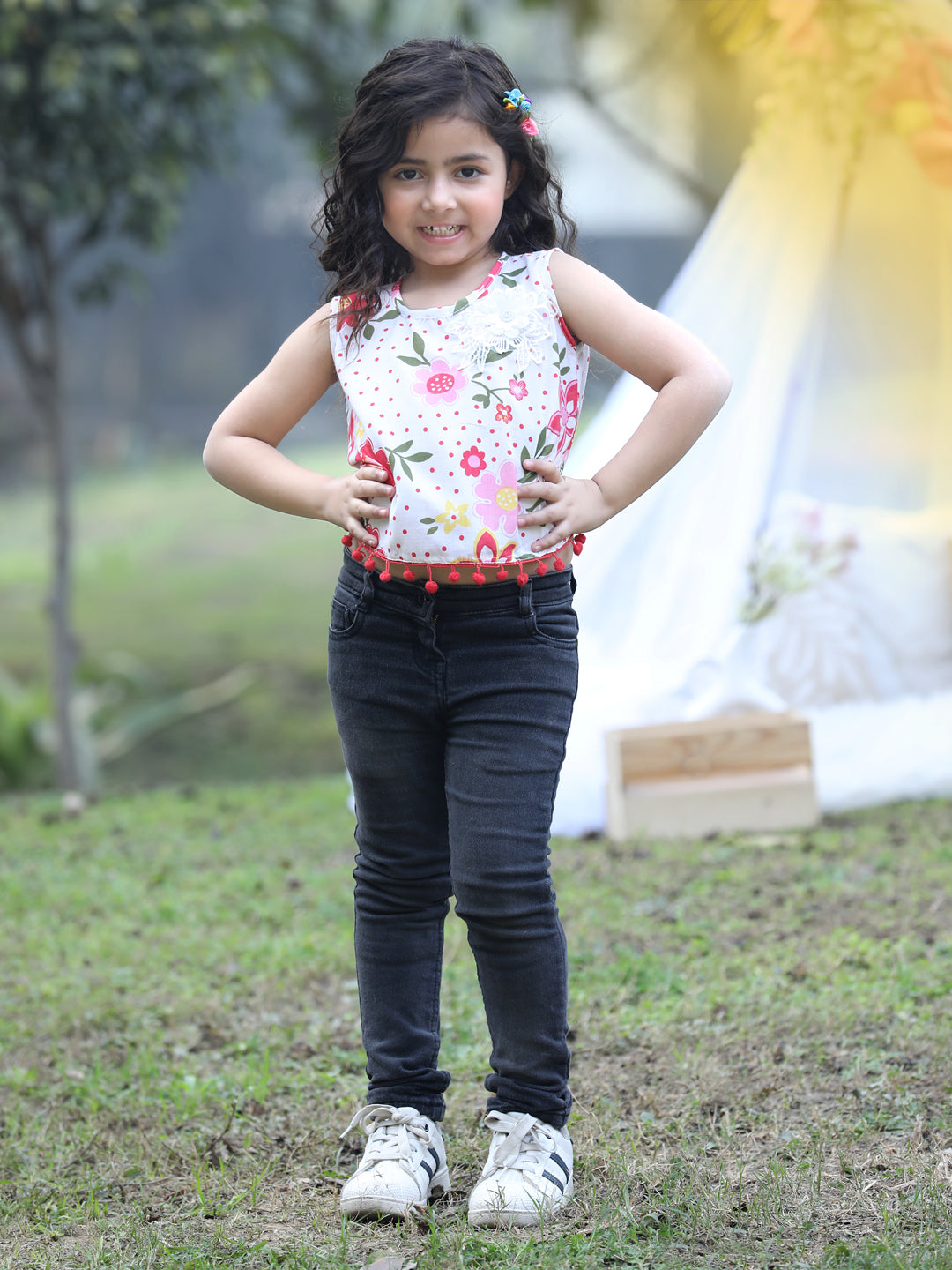 Cutiekins Round Neck Foral Printed Crop Top- White & Red