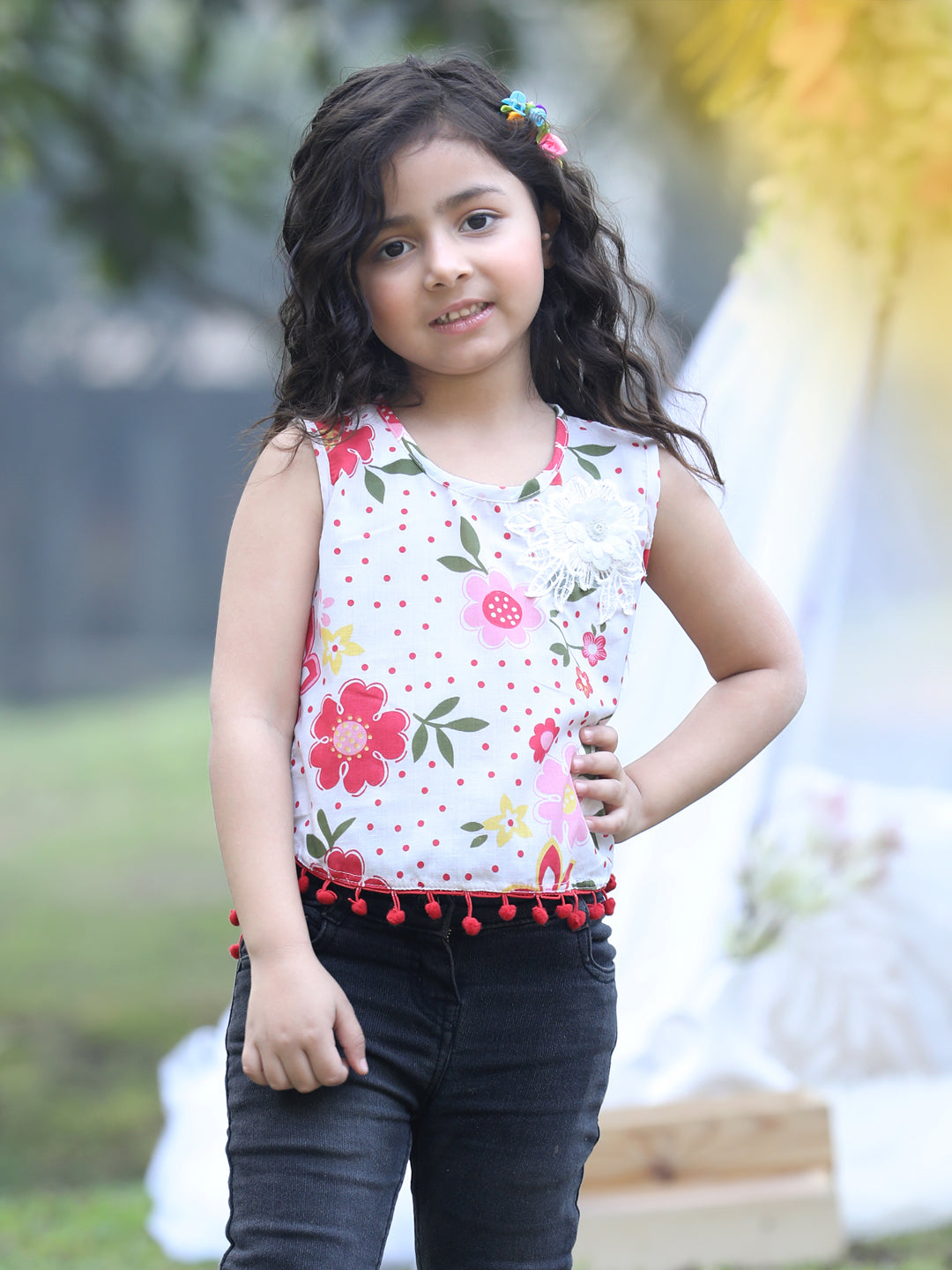 Cutiekins Round Neck Foral Printed Crop Top- White & Red