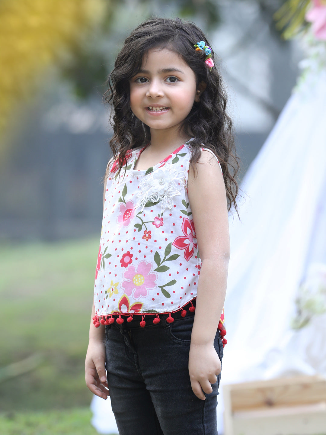 Cutiekins Round Neck Foral Printed Crop Top- White & Red