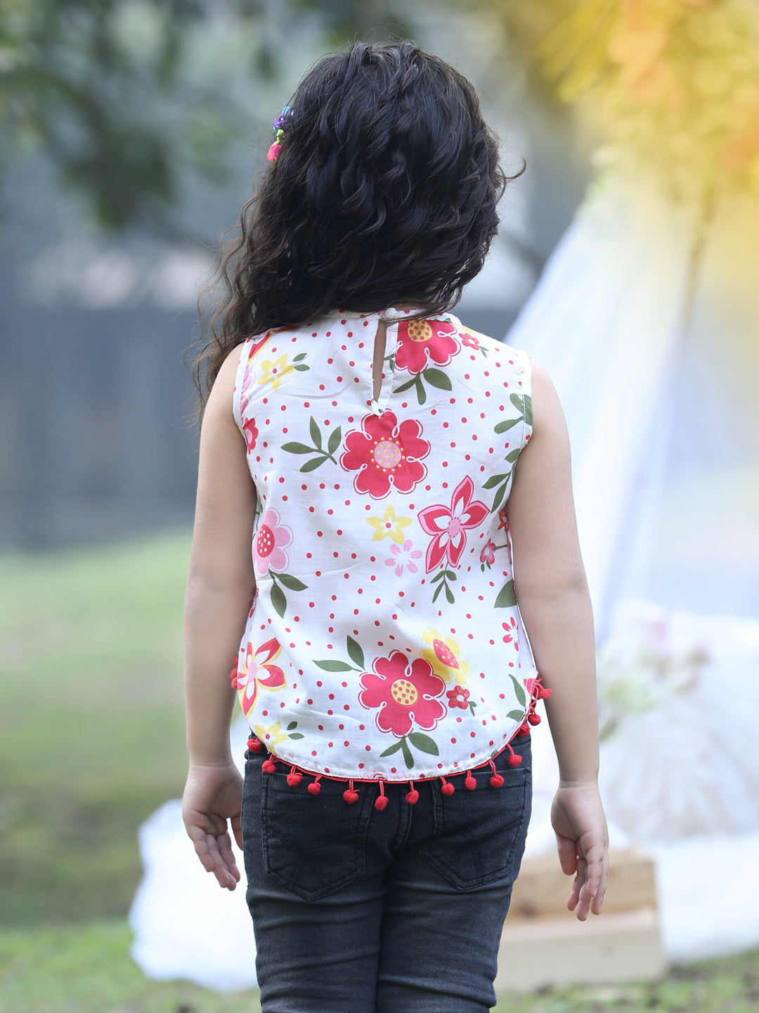 Cutiekins Round Neck Foral Printed Crop Top- White & Red