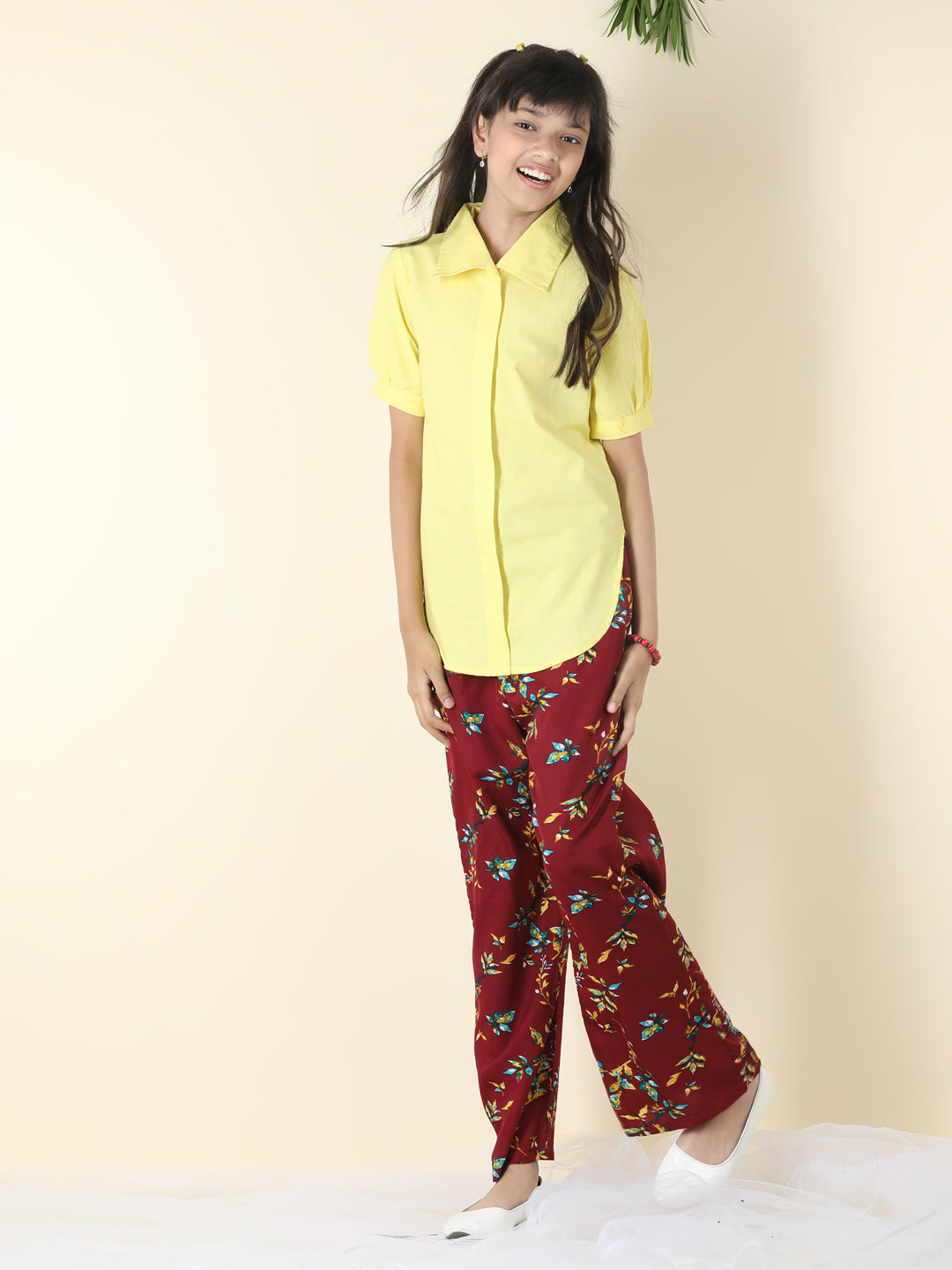 Cutiekins Girls Shirt Style Solid Top With Printed Palazzo -Lemon & Maroon