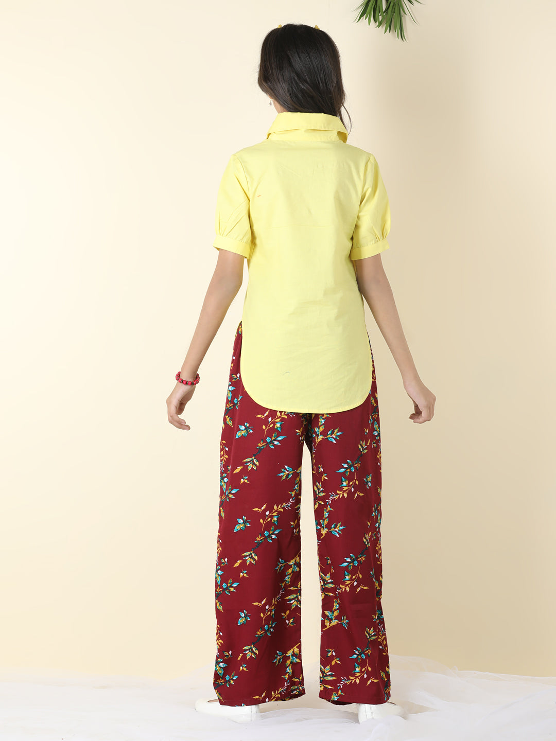 Cutiekins Girls Shirt Style Solid Top With Printed Palazzo -Lemon & Maroon
