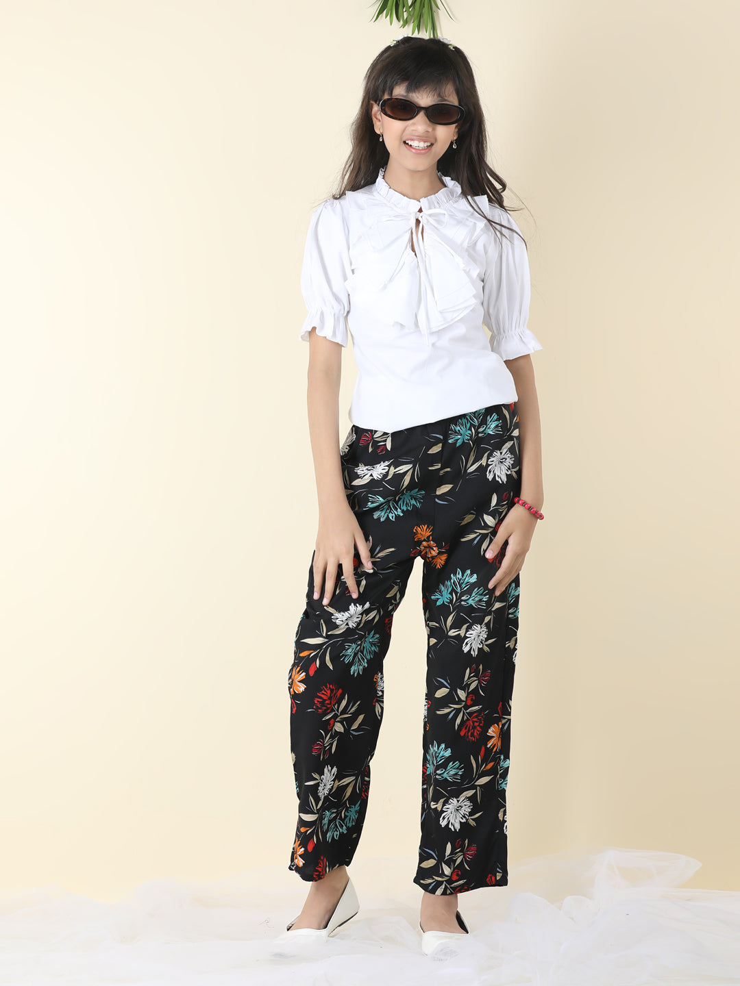 Cutiekins Girls Tie-up Neck Solid Top With Printed Palazzo -White & Black
