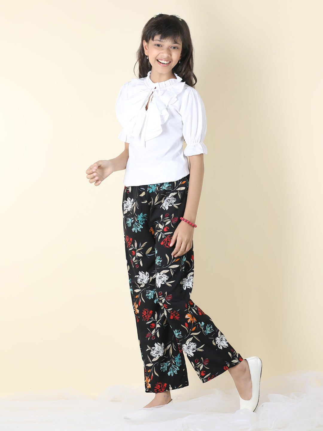 Cutiekins Girls Tie-up Neck Solid Top With Printed Palazzo -White & Black