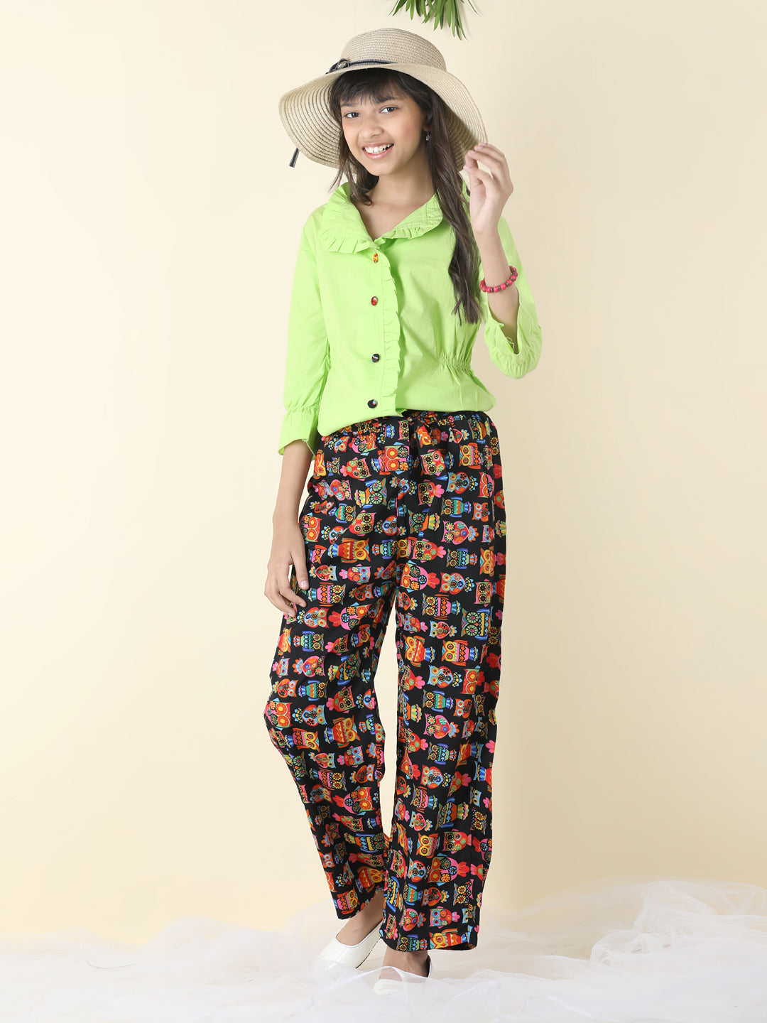 Cutiekins Girls Shirt Style Solid Top With Printed Palazzo -Grass Green & Multi