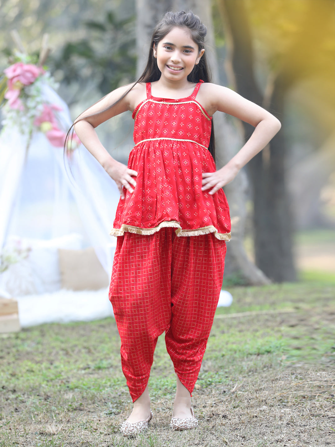Cutiekins Shoulder Strap Printed Rayon Kurta & Dhoti Set -Red & Golden