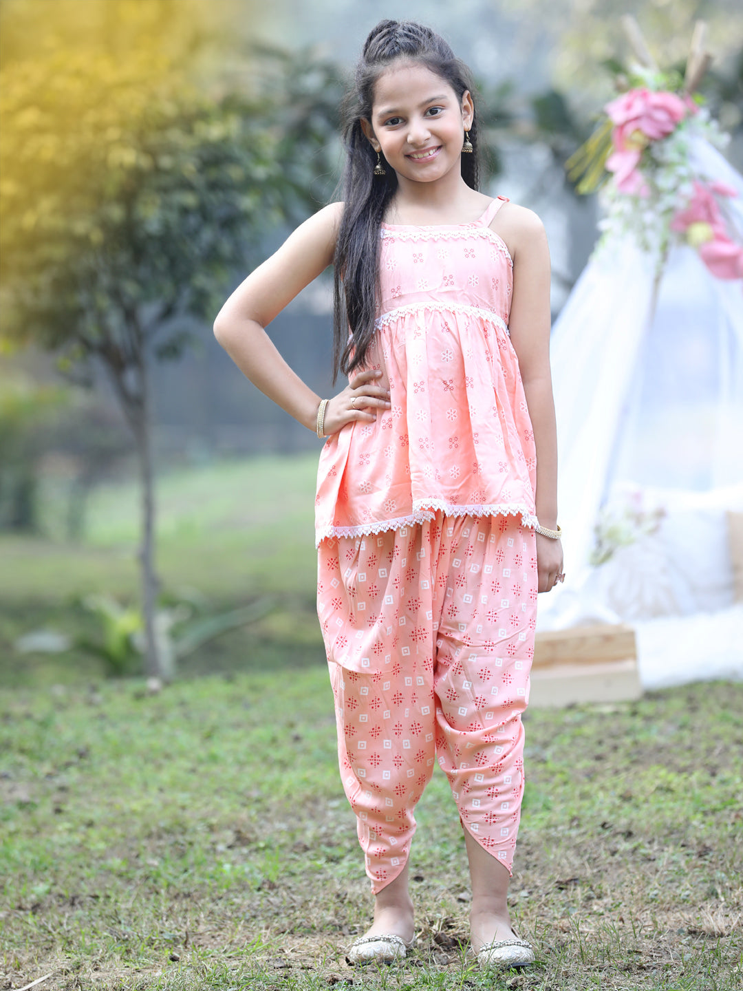 Cutiekins Shoulder Strap Printed Rayon Kurta & Dhoti Set -Peach & White