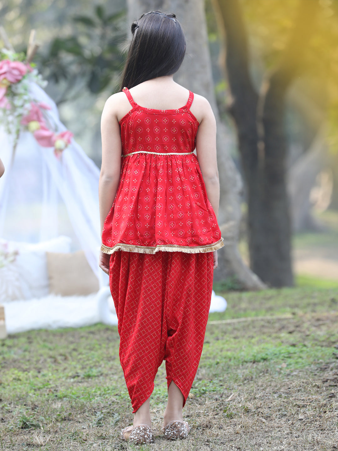 Cutiekins Shoulder Strap Printed Rayon Kurta & Dhoti Set -Red & Golden