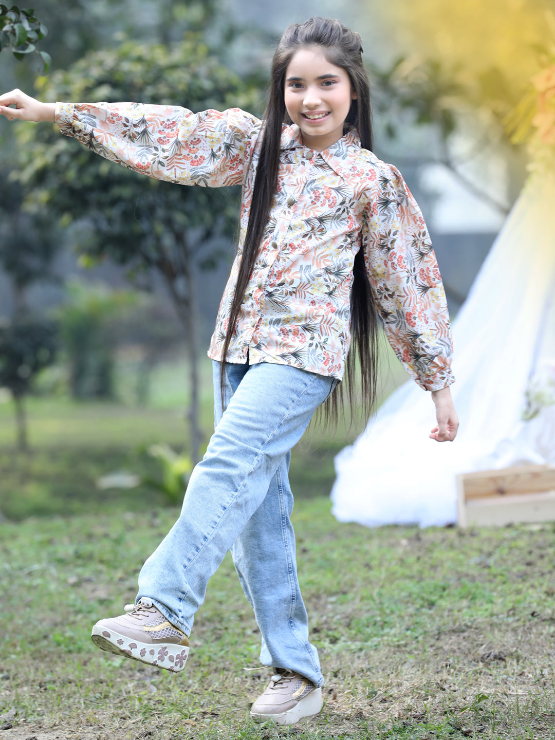 Cutiekins Collar Neck Foral Printed Regular Top-Baige & Yellow