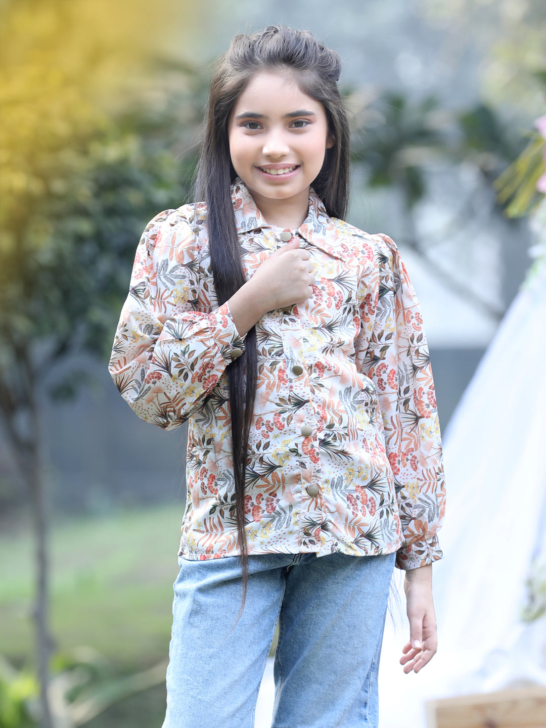 Cutiekins Collar Neck Foral Printed Regular Top-Baige & Yellow