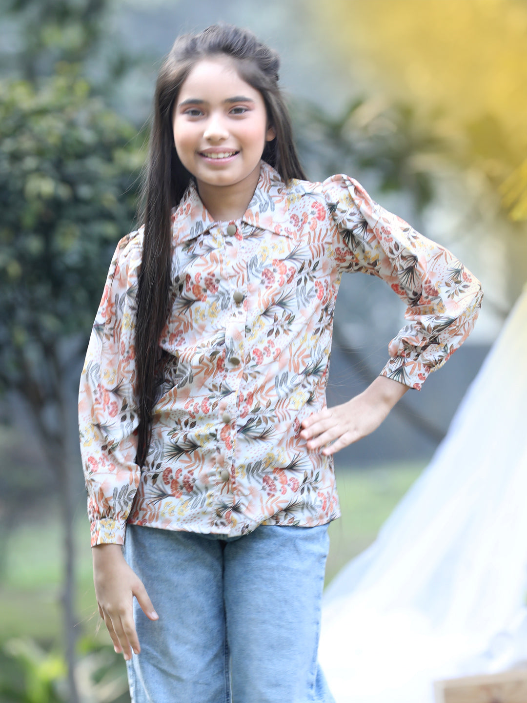 Cutiekins Collar Neck Foral Printed Regular Top-Baige & Yellow