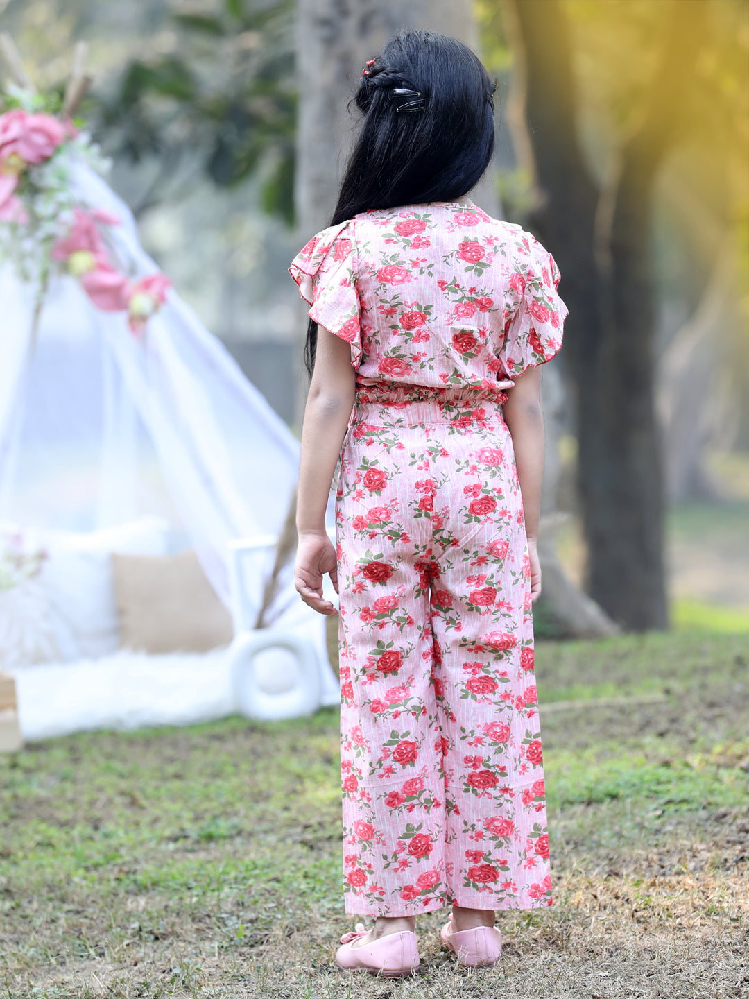 Cutiekins V-Neck Printed Crop Top & Trousers Set -Peach & Green