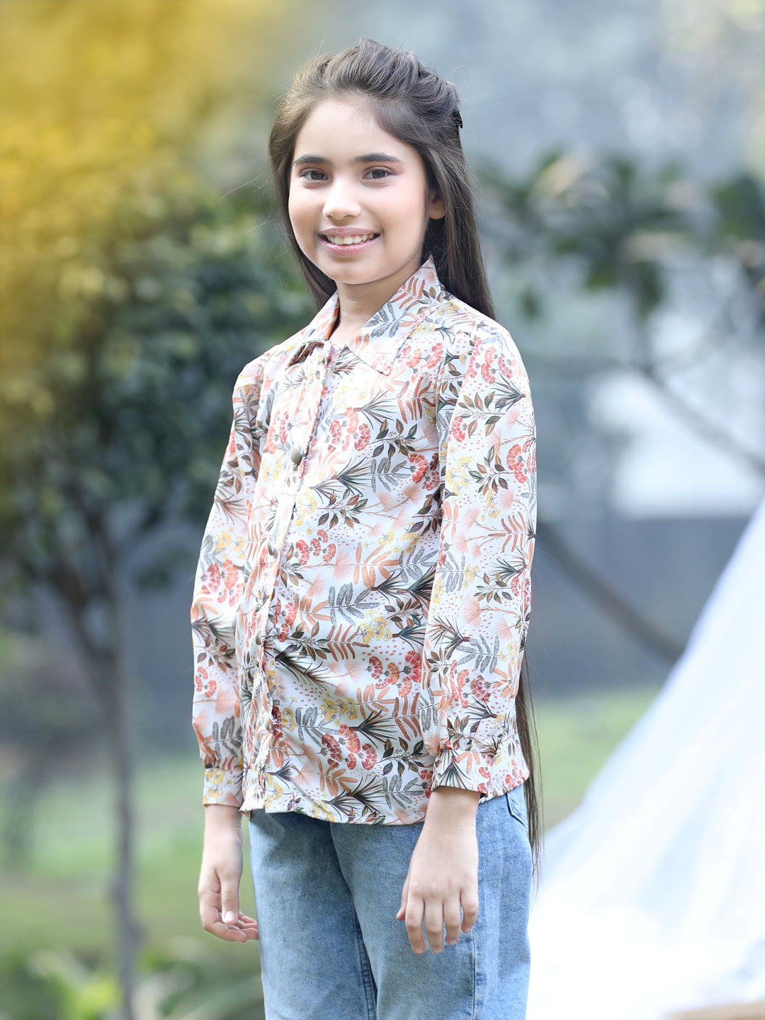 Cutiekins Collar Neck Foral Printed Regular Top-Baige & Yellow
