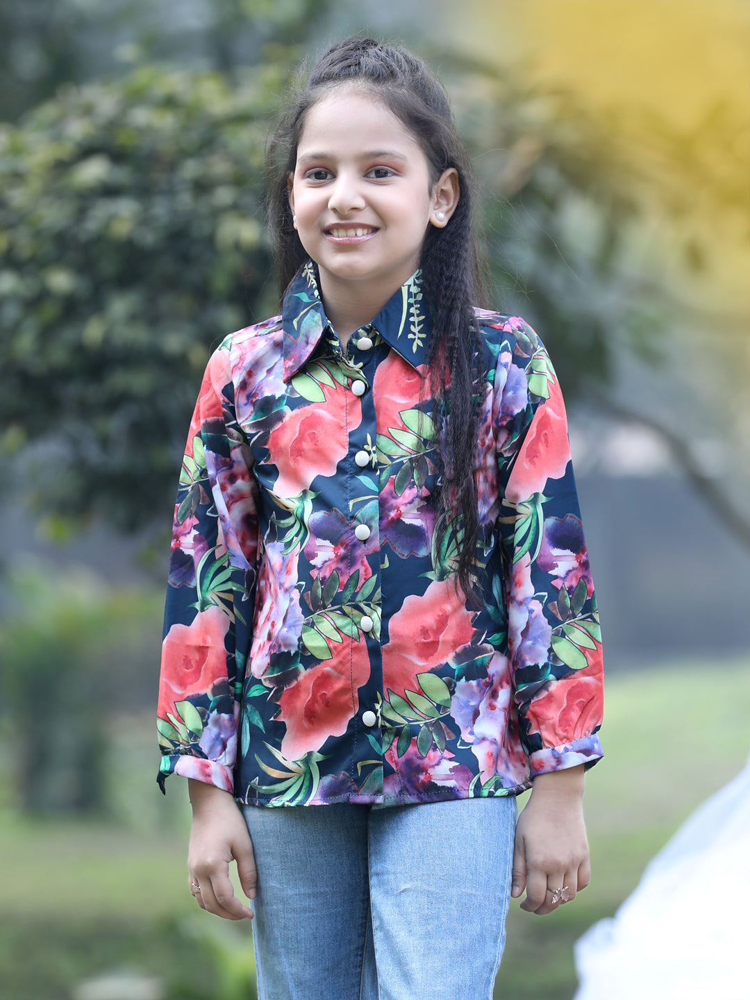 Cutiekins Collar Neck Foral Printed Regular Top-Dark Green & Pink