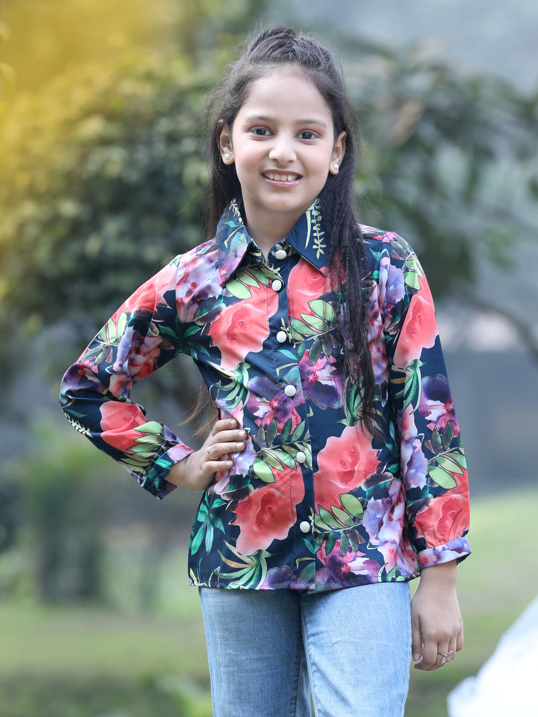 Cutiekins Collar Neck Foral Printed Regular Top-Dark Green & Pink