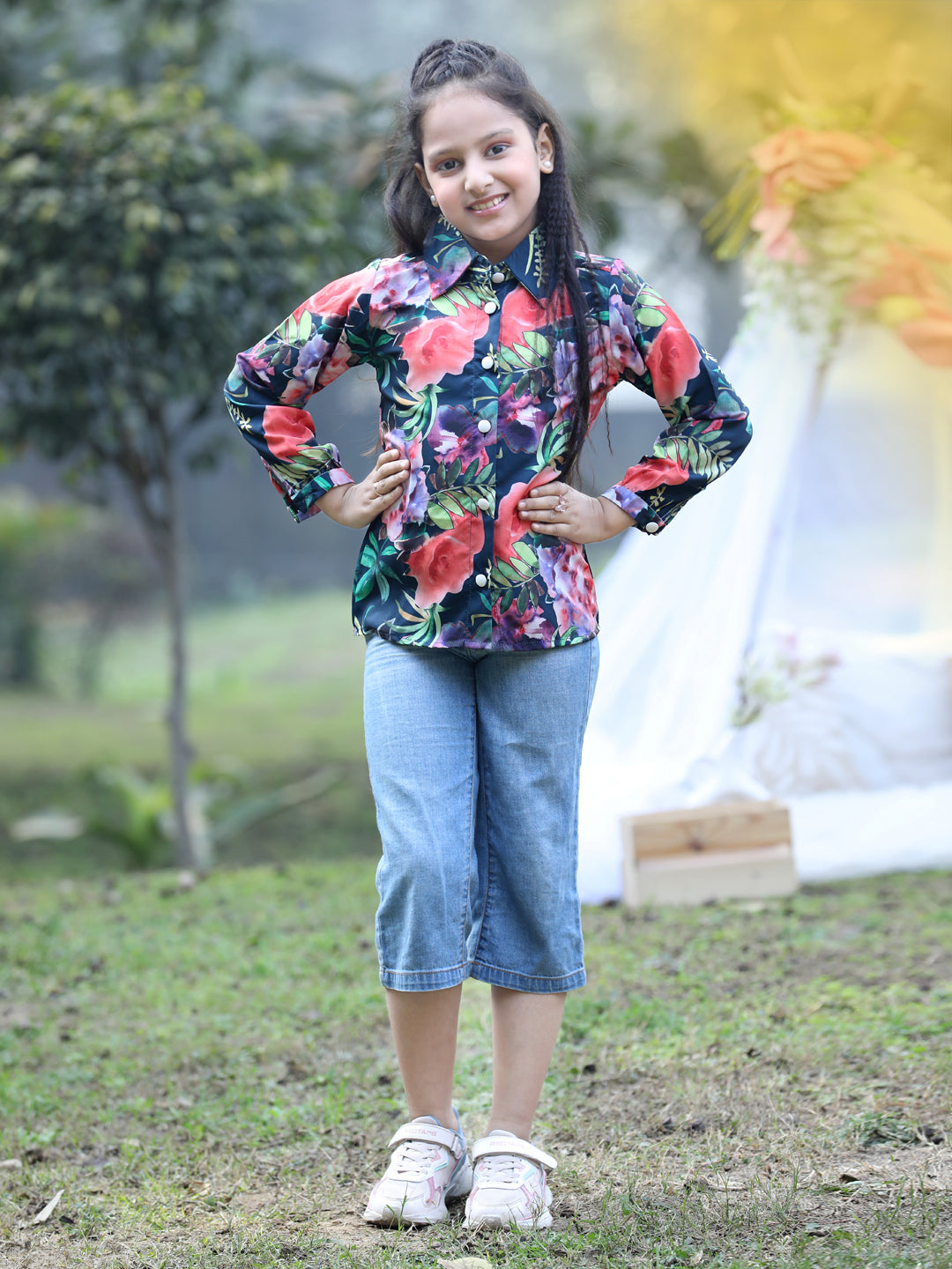 Cutiekins Collar Neck Foral Printed Regular Top-Dark Green & Pink