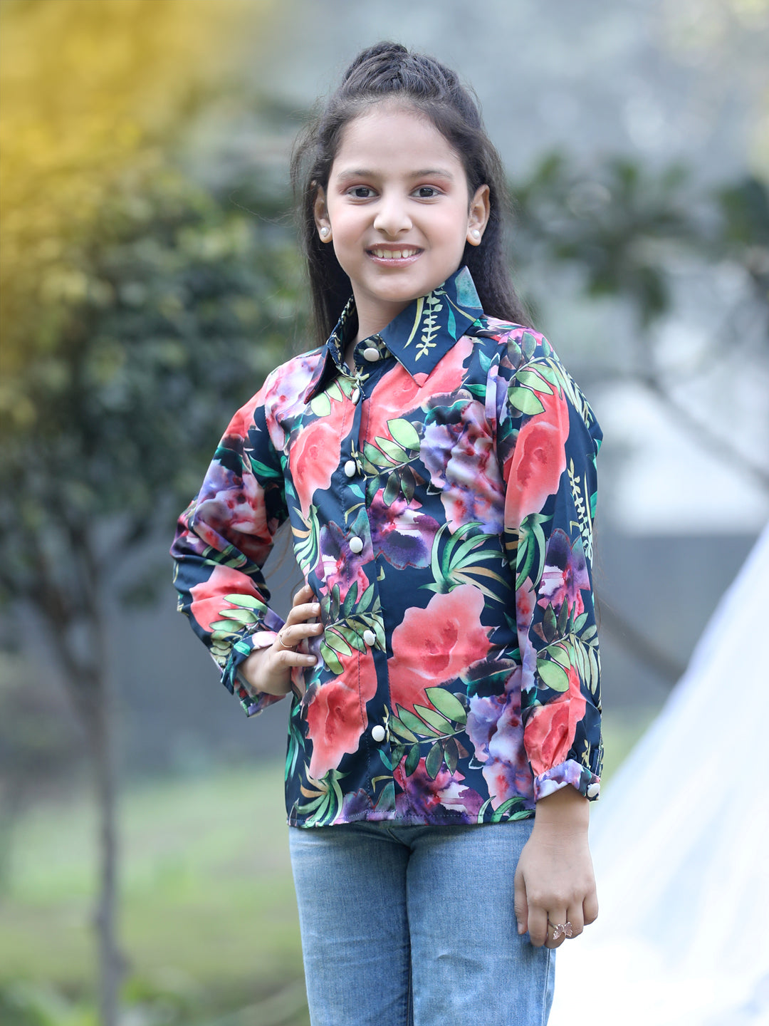 Cutiekins Collar Neck Foral Printed Regular Top-Dark Green & Pink