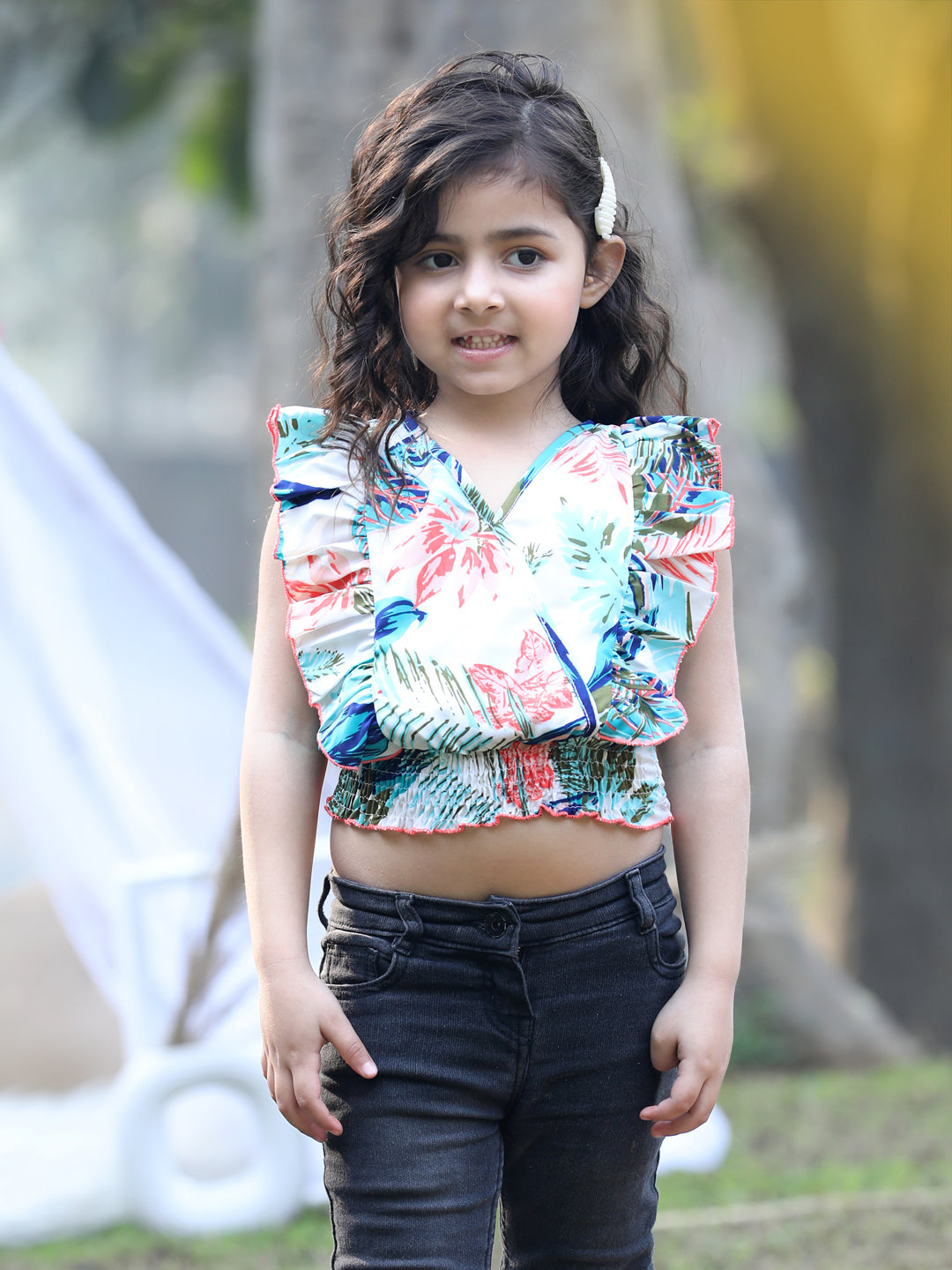 Cutiekins  V-Neck Solid Crop Top- White & Blue