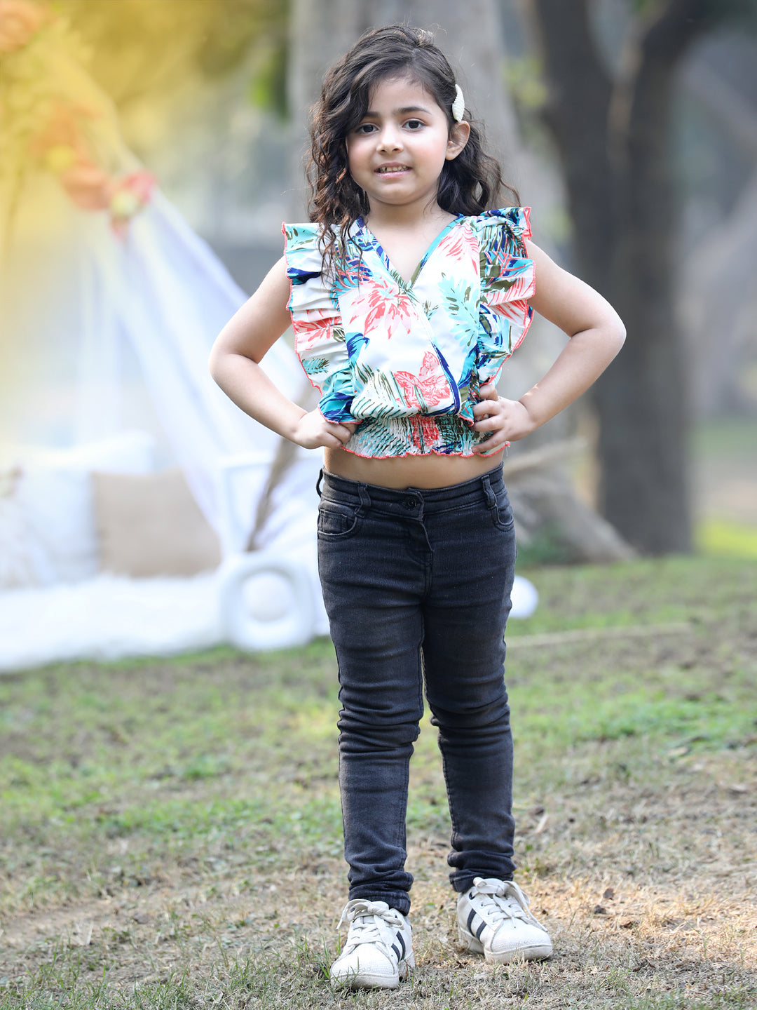 Cutiekins  V-Neck Solid Crop Top- White & Blue