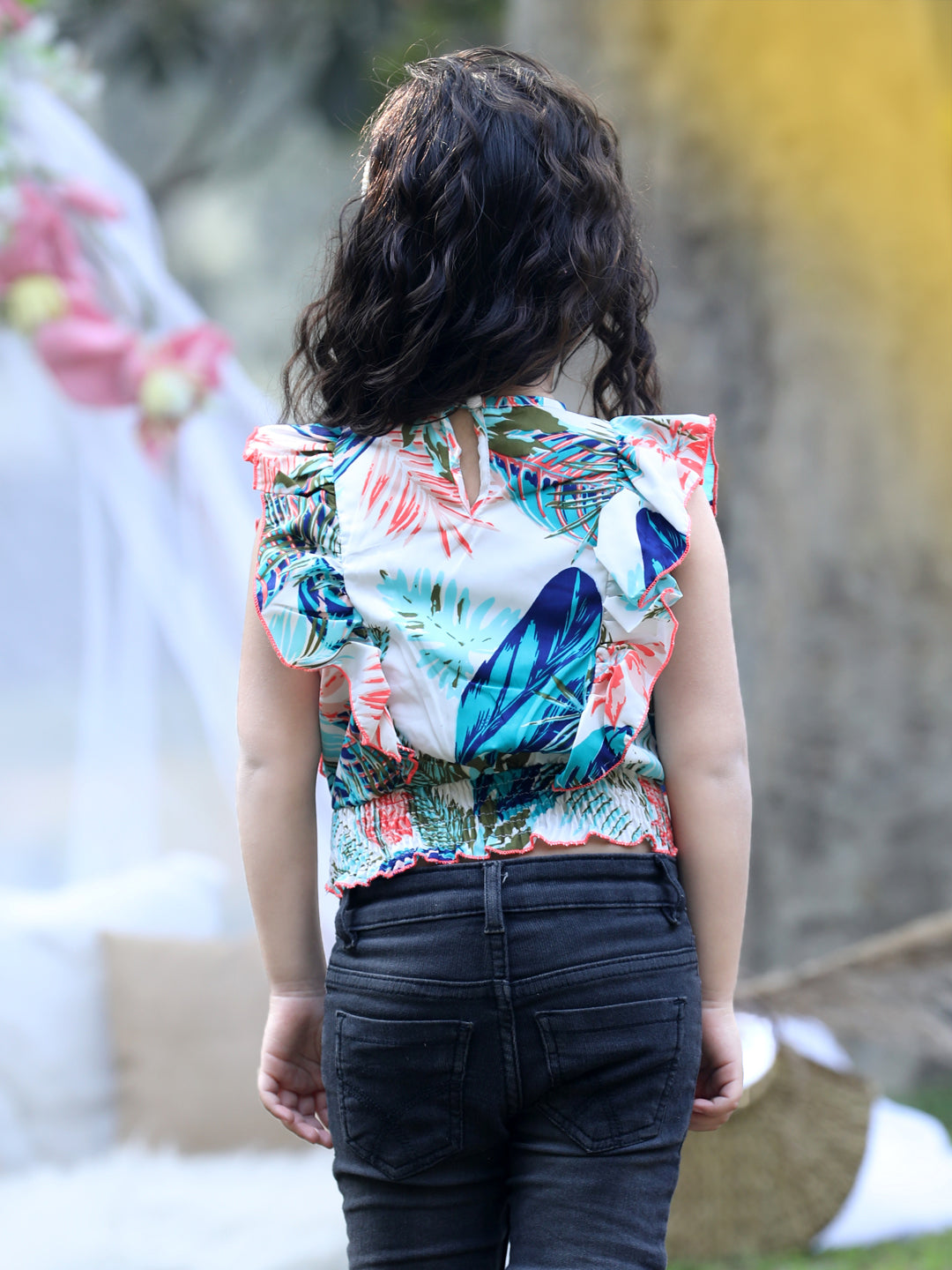 Cutiekins  V-Neck Solid Crop Top- White & Blue