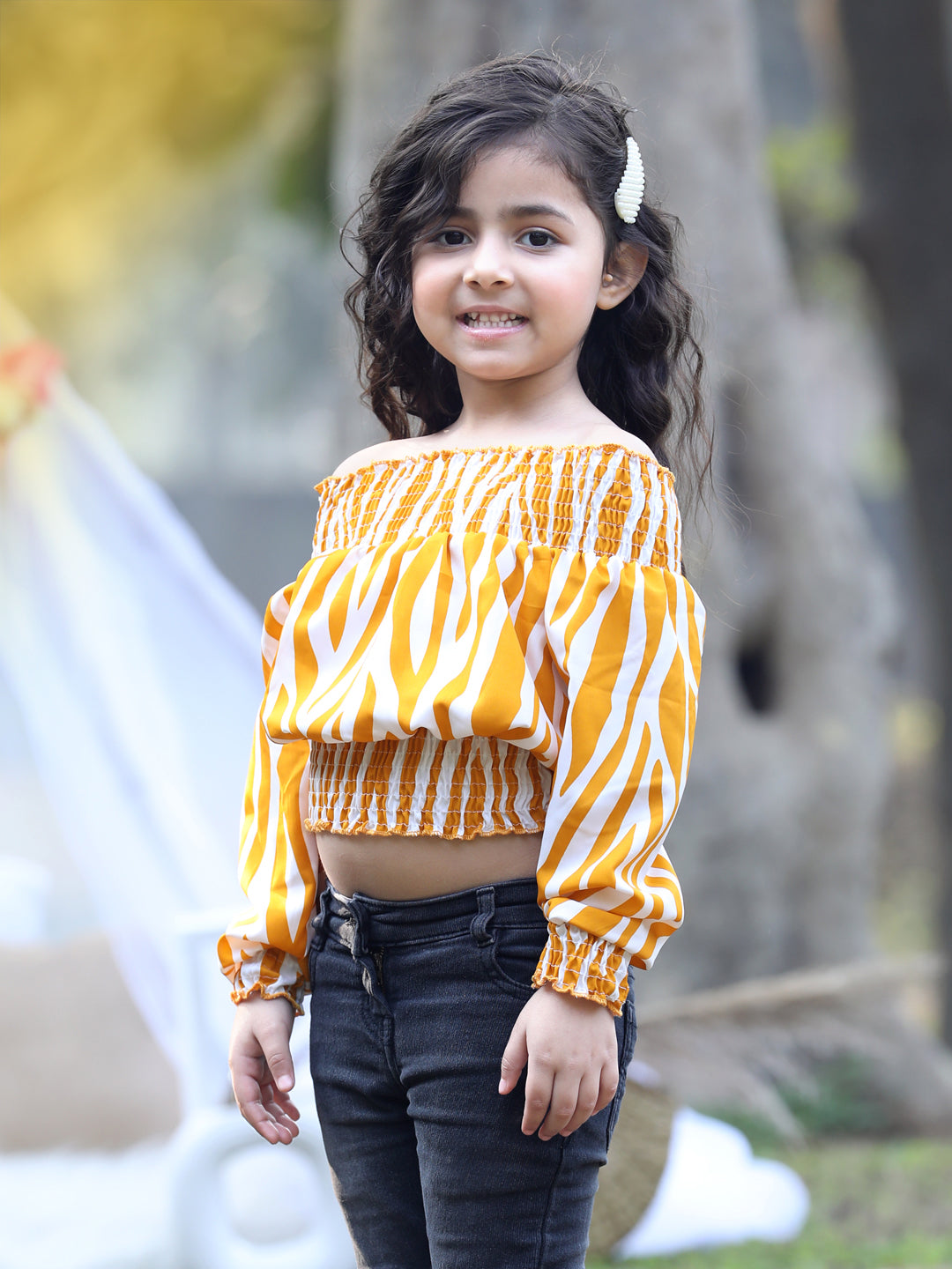 Cutiekins Off-Shoulder Printed Crop Top- Mustard & White