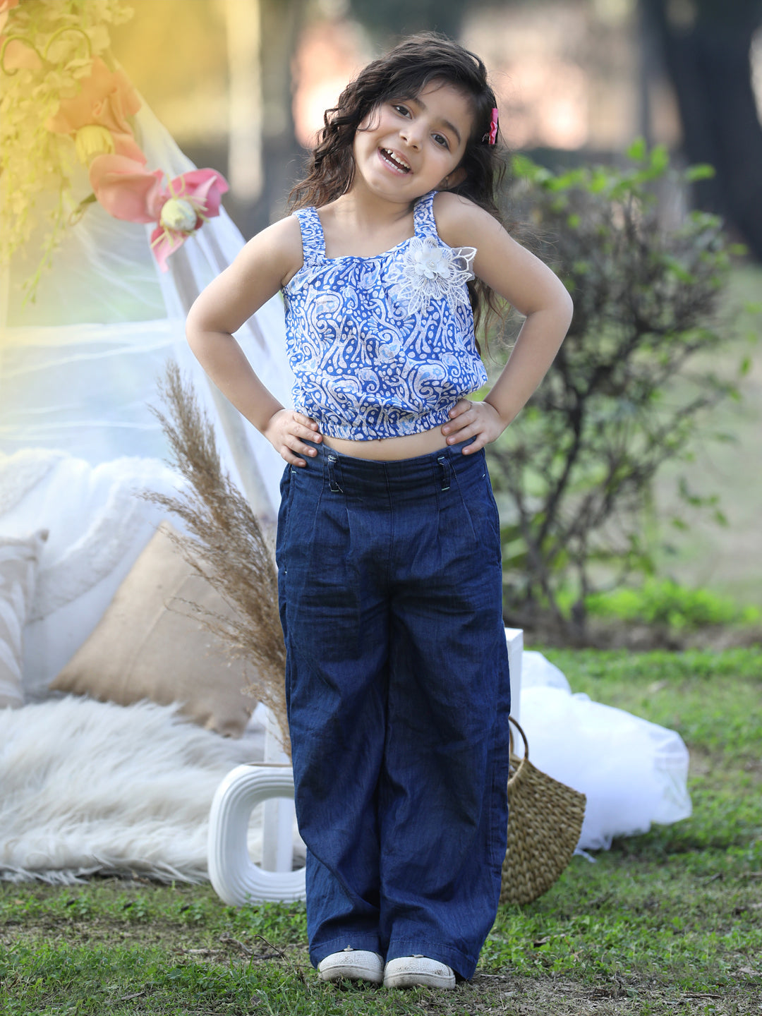 Cutiekins Shoulder Straps Printed Crop Top- Blue & White