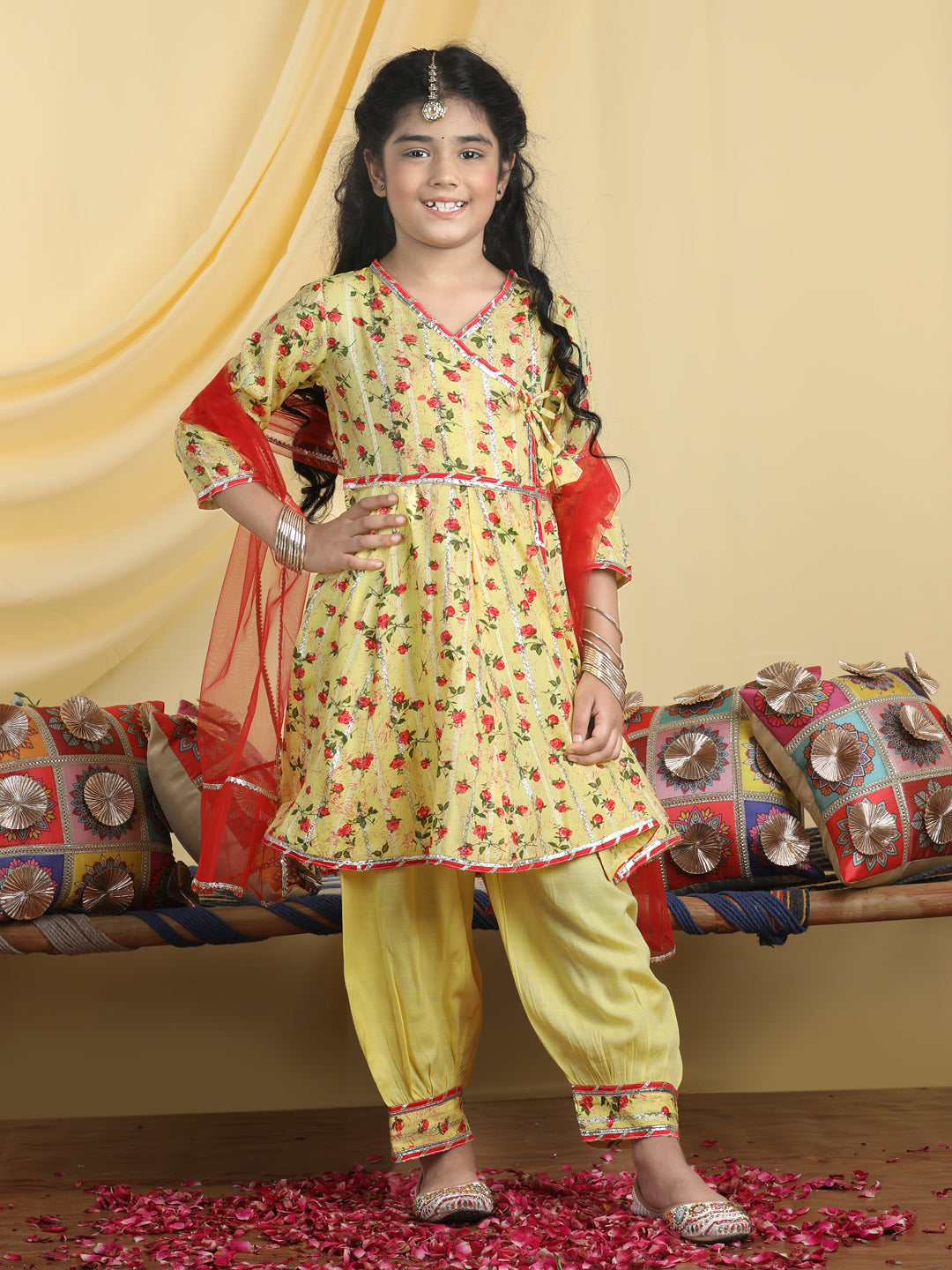 Cutiekins Girls Floral Print Angrakha Kurta & Solid Salwar Pant With Dupatta -Yellow & Red