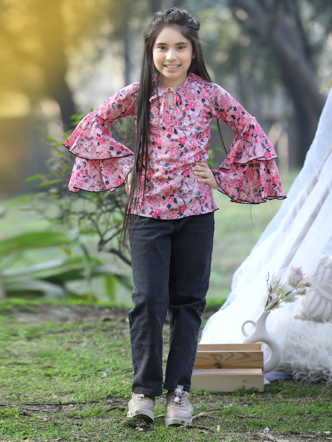 Cutiekins Front Knot Round Neck Foral Printed Regular Top -Pink & Grey