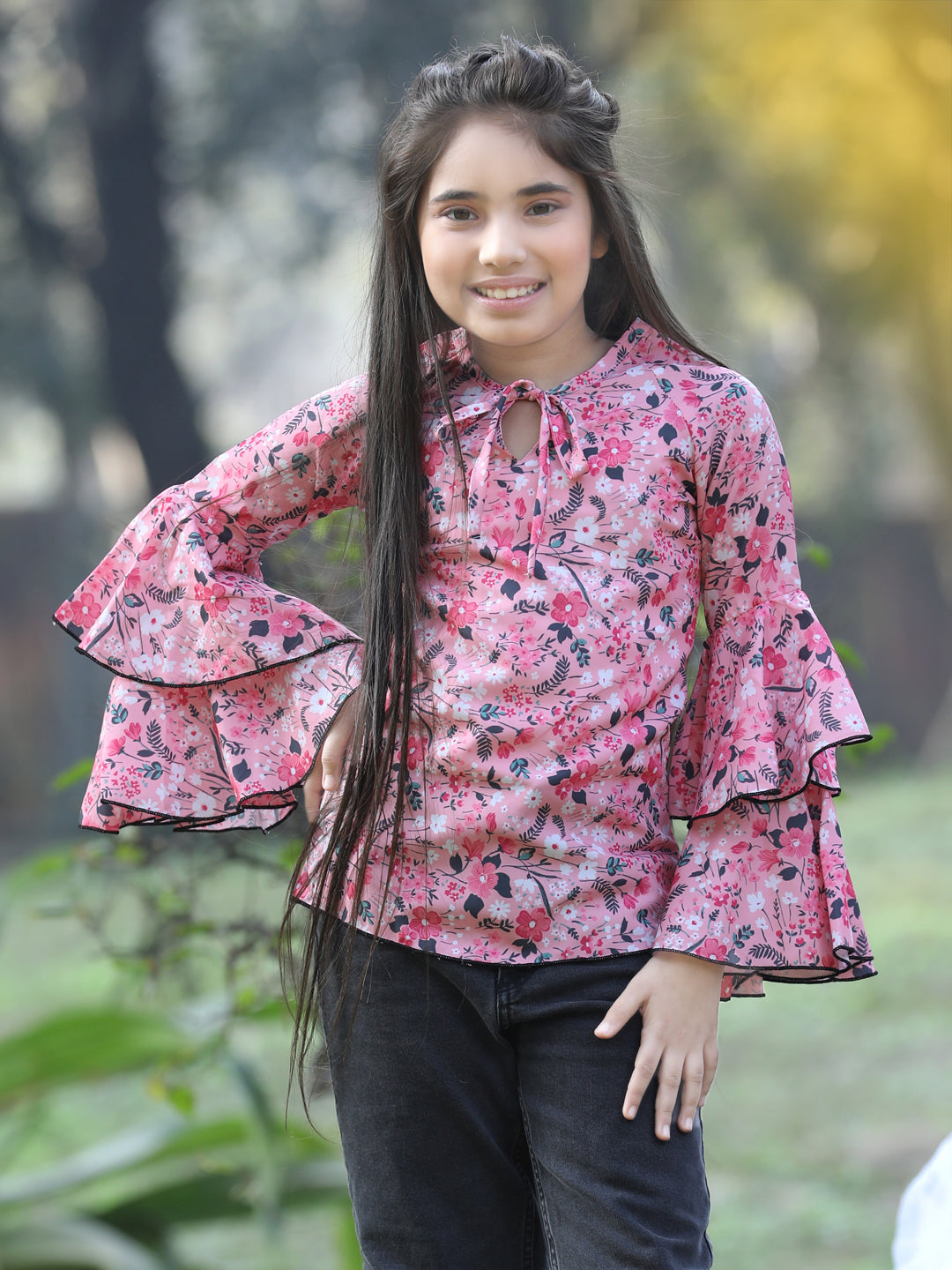 Cutiekins Front Knot Round Neck Foral Printed Regular Top -Pink & Grey