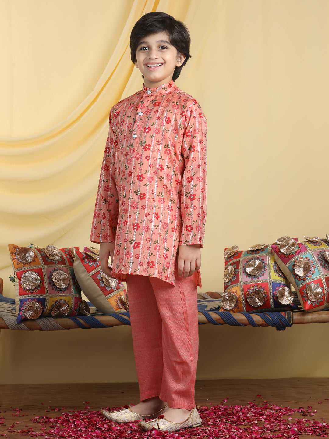 Cutiekins Boys Floral Print Mandarian Collar Kurta & Pajama Set -Coral Orange & Red