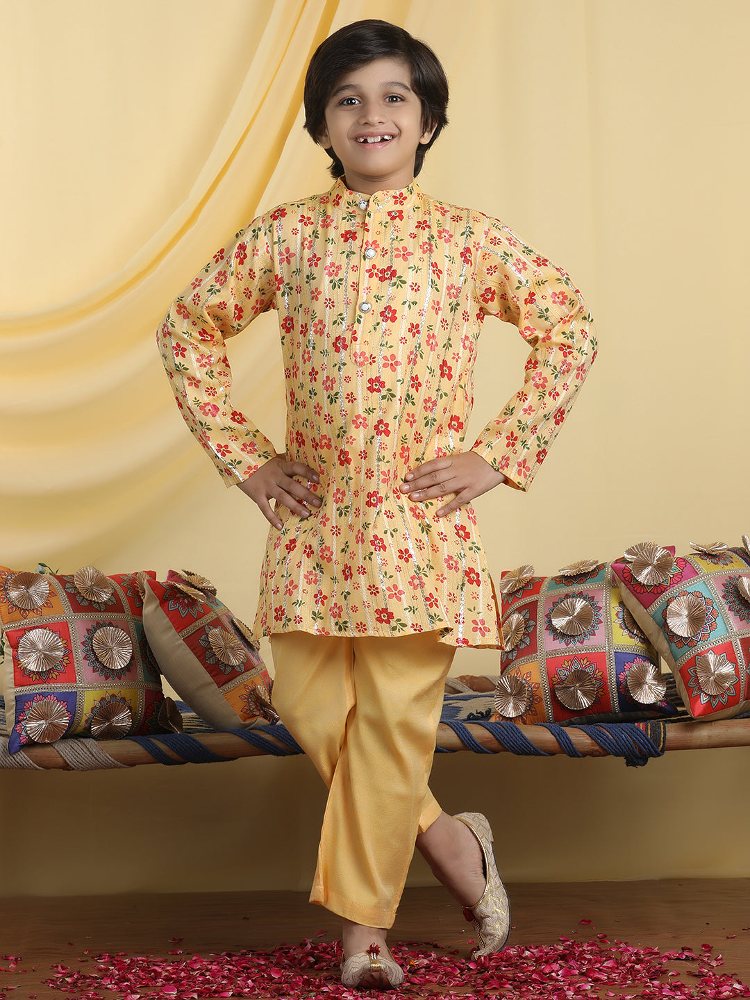 Cutiekins Boys Floral Print Mandarin Collar Kurta with Pajama -Mustard & Red