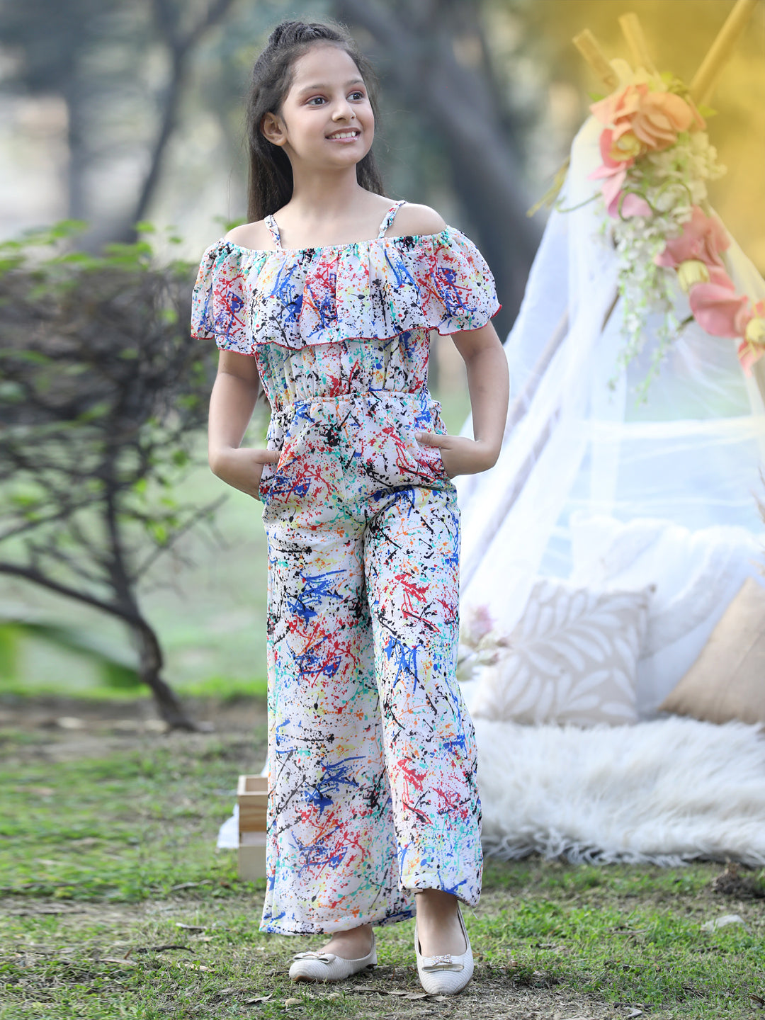 Cutiekins Shoulder Straps Printed Georgette Jumpsuit -White & Blue