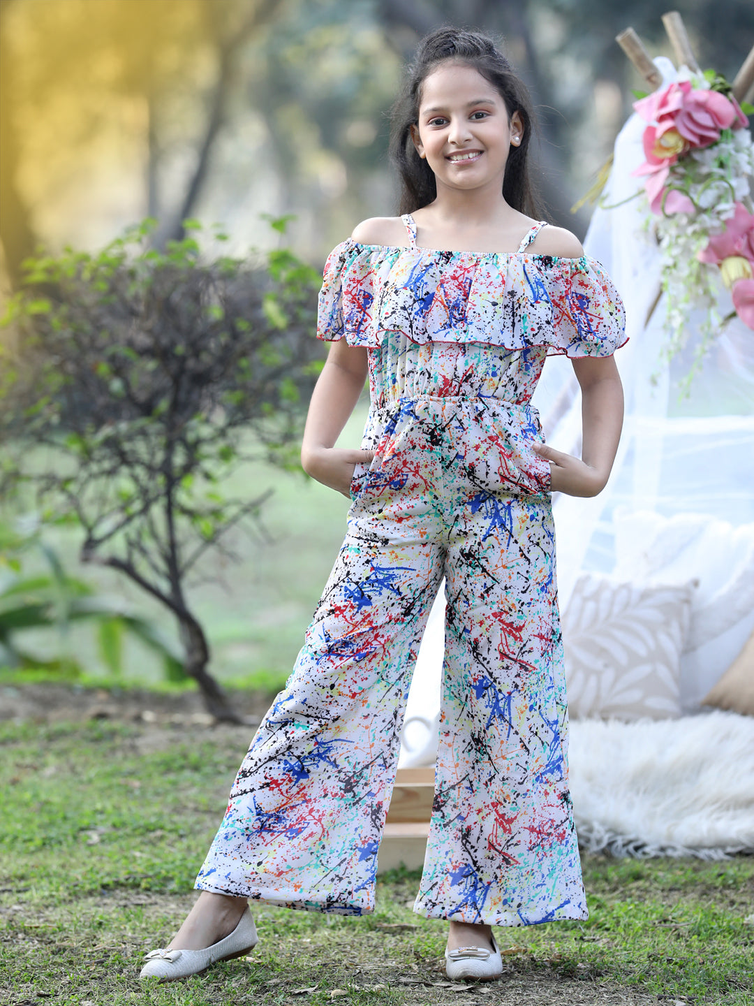 Cutiekins Shoulder Straps Printed Georgette Jumpsuit -White & Blue