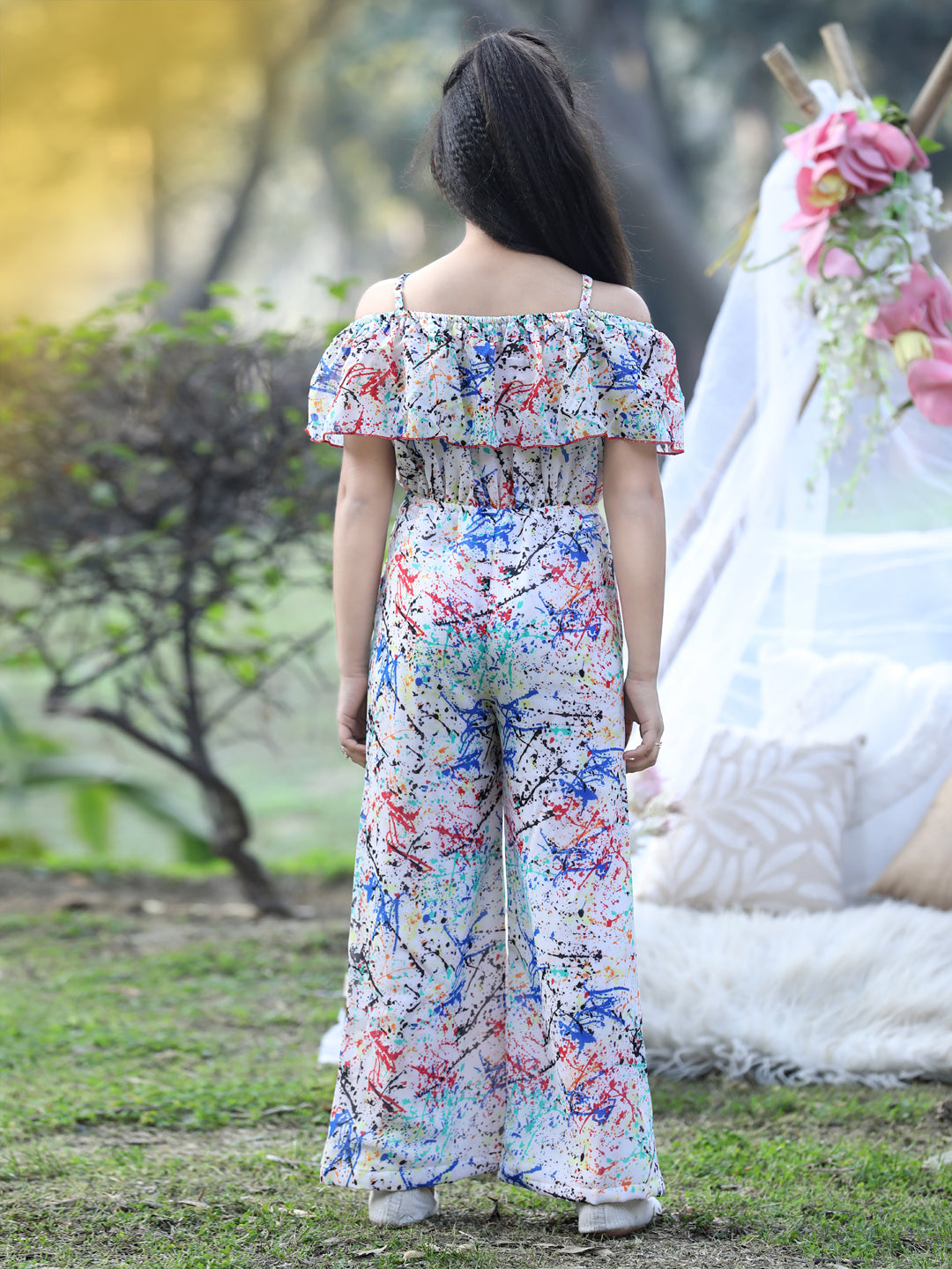 Cutiekins Shoulder Straps Printed Georgette Jumpsuit -White & Blue