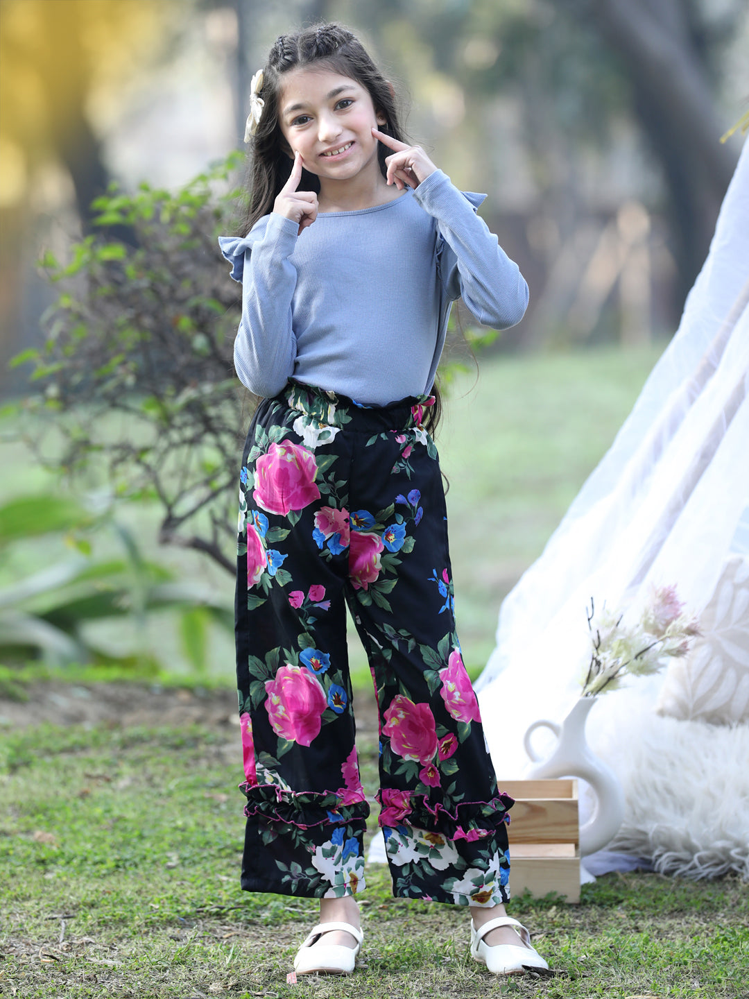 Cutiekins Printed Polyester Palazzos- Black & Pink