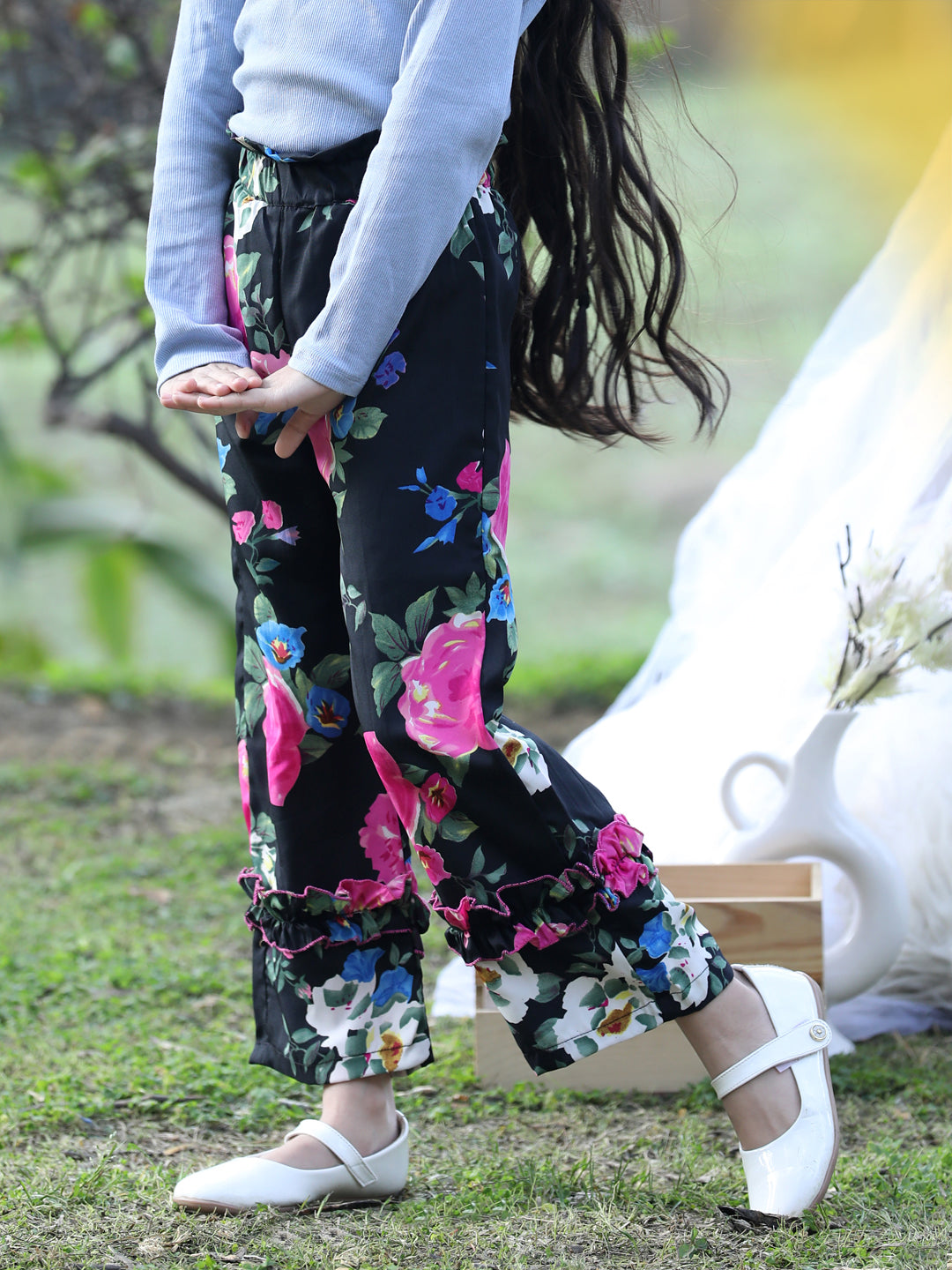 Cutiekins Printed Polyester Palazzos- Black & Pink