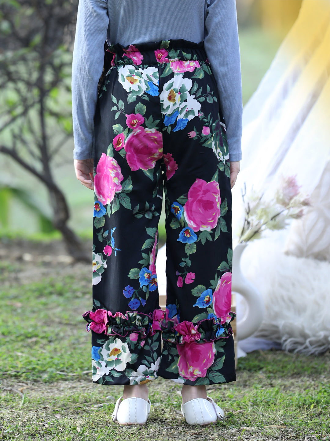 Cutiekins Printed Polyester Palazzos- Black & Pink