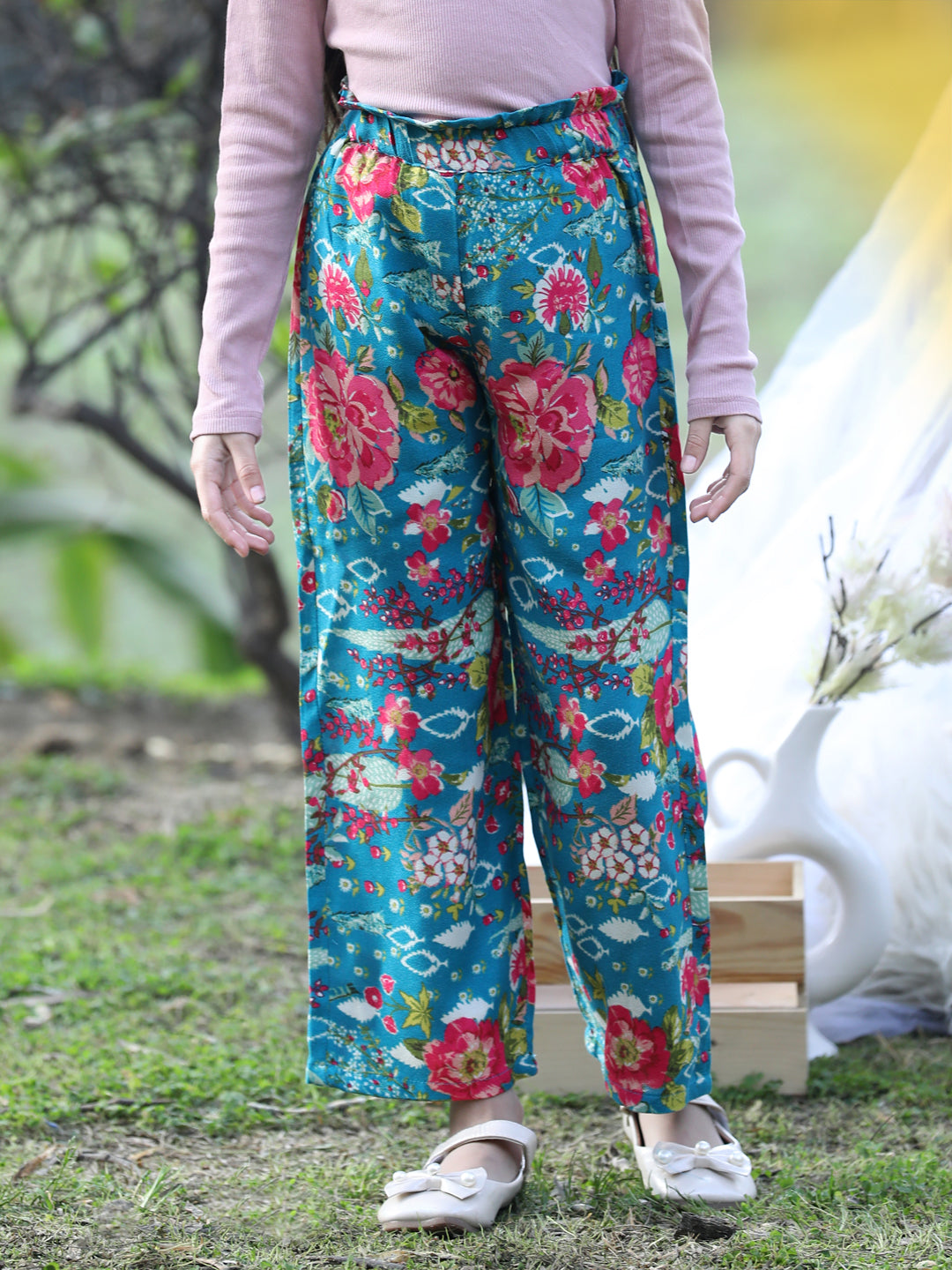 Cutiekins Printed Rayon Palazzos- Teal Blue & Pink