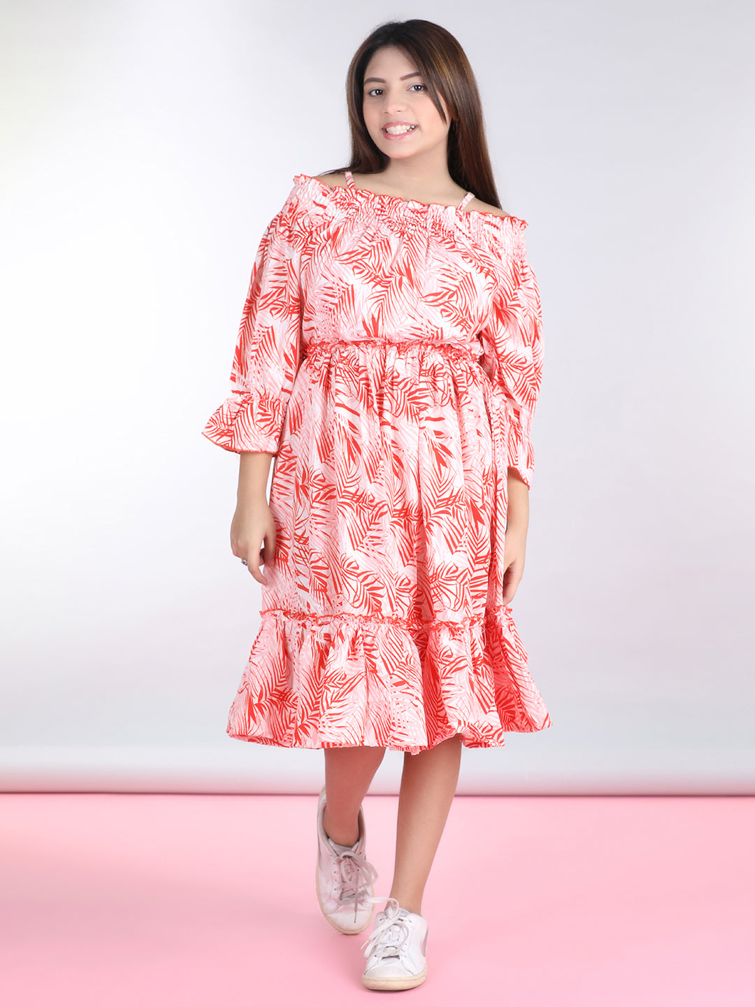 Cutiekins Shoulder Straps Printed Flared Dress-Pink & Red