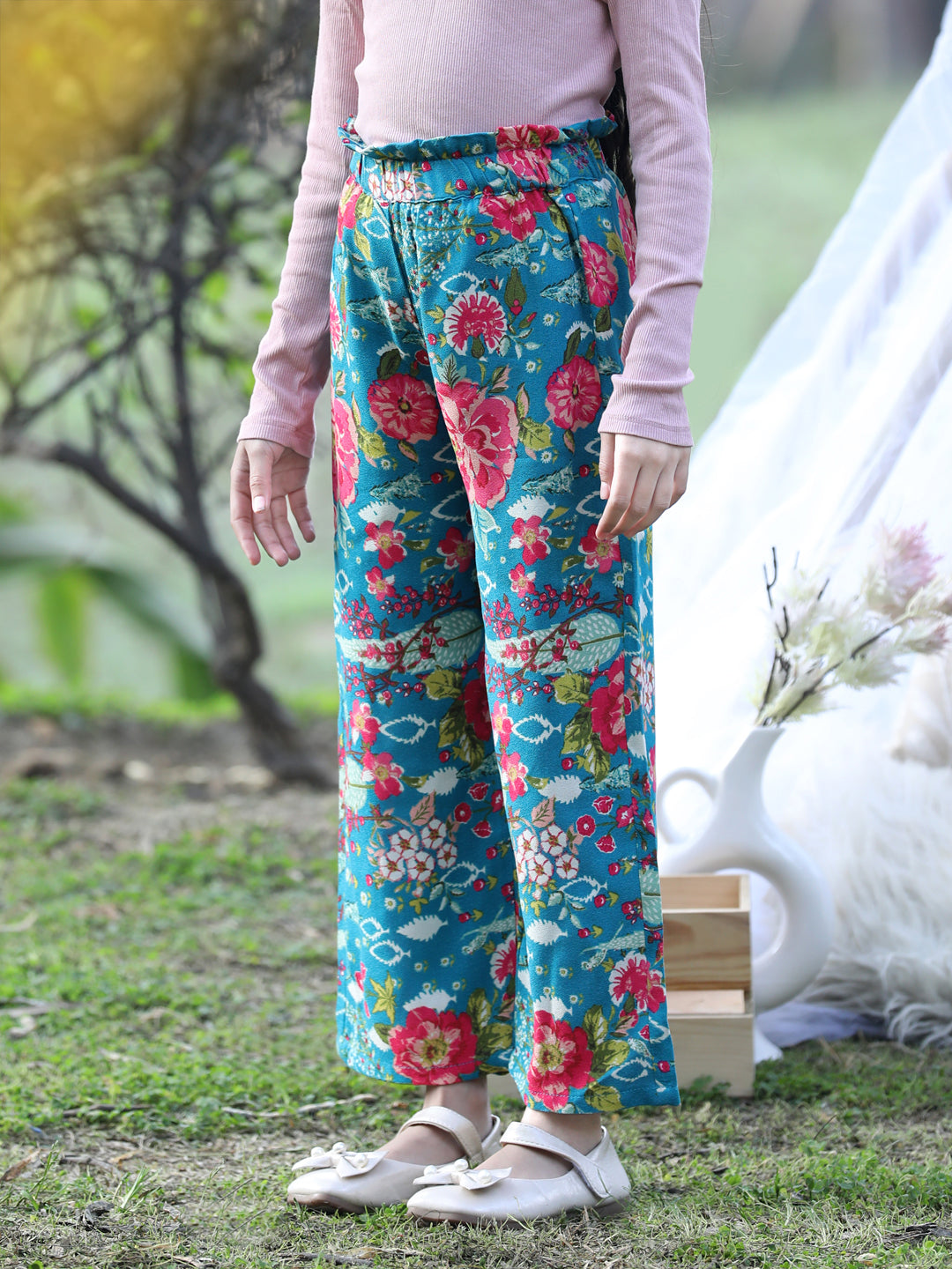 Cutiekins Printed Rayon Palazzos- Teal Blue & Pink