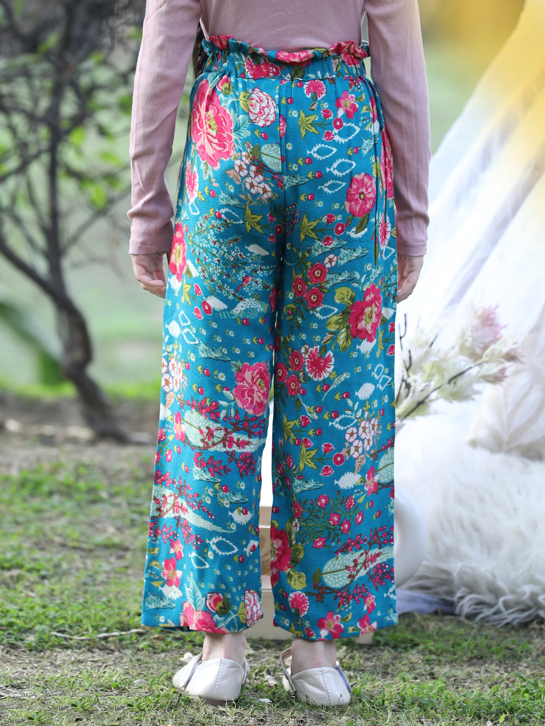 Cutiekins Printed Rayon Palazzos- Teal Blue & Pink